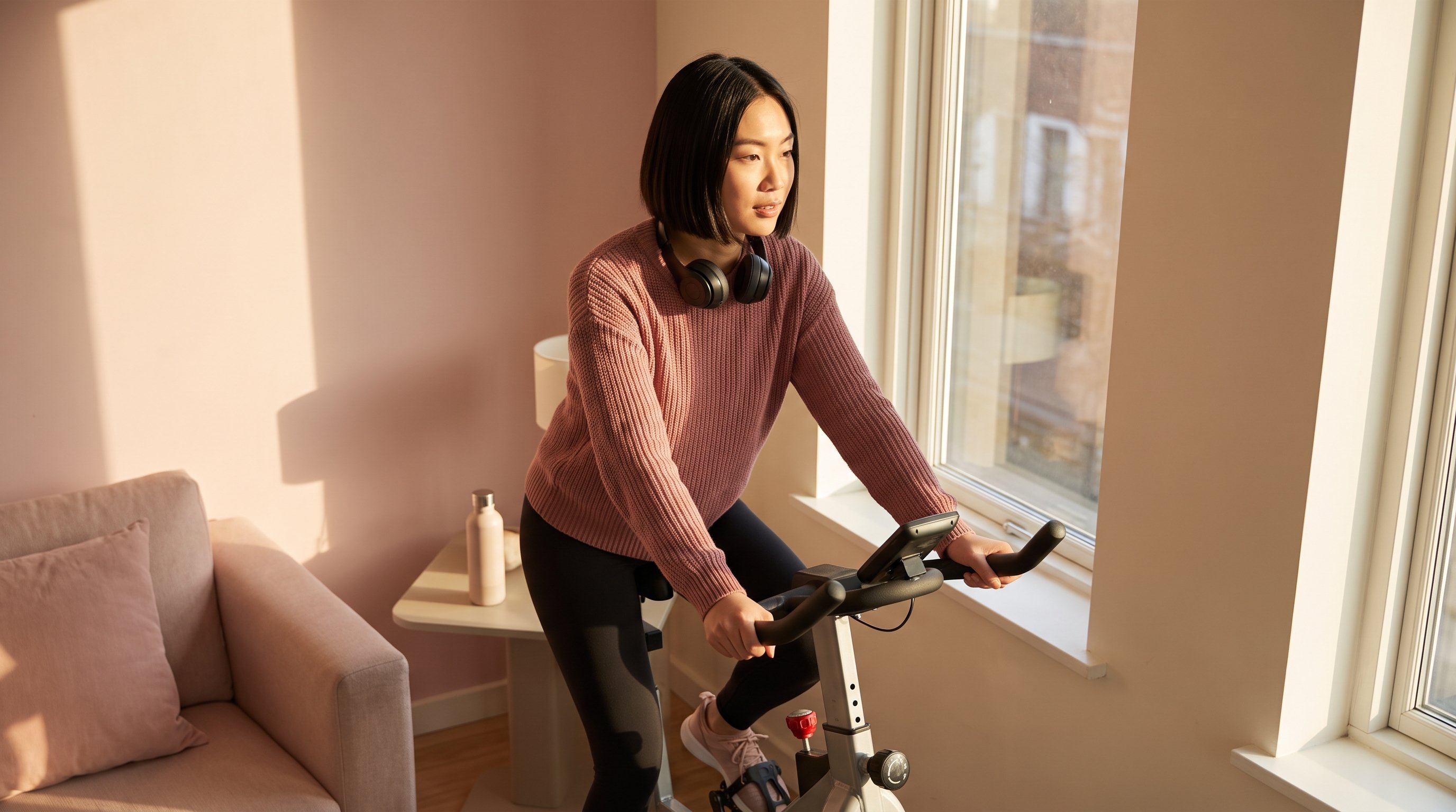 woman cycling on a stationary bike at home near a window