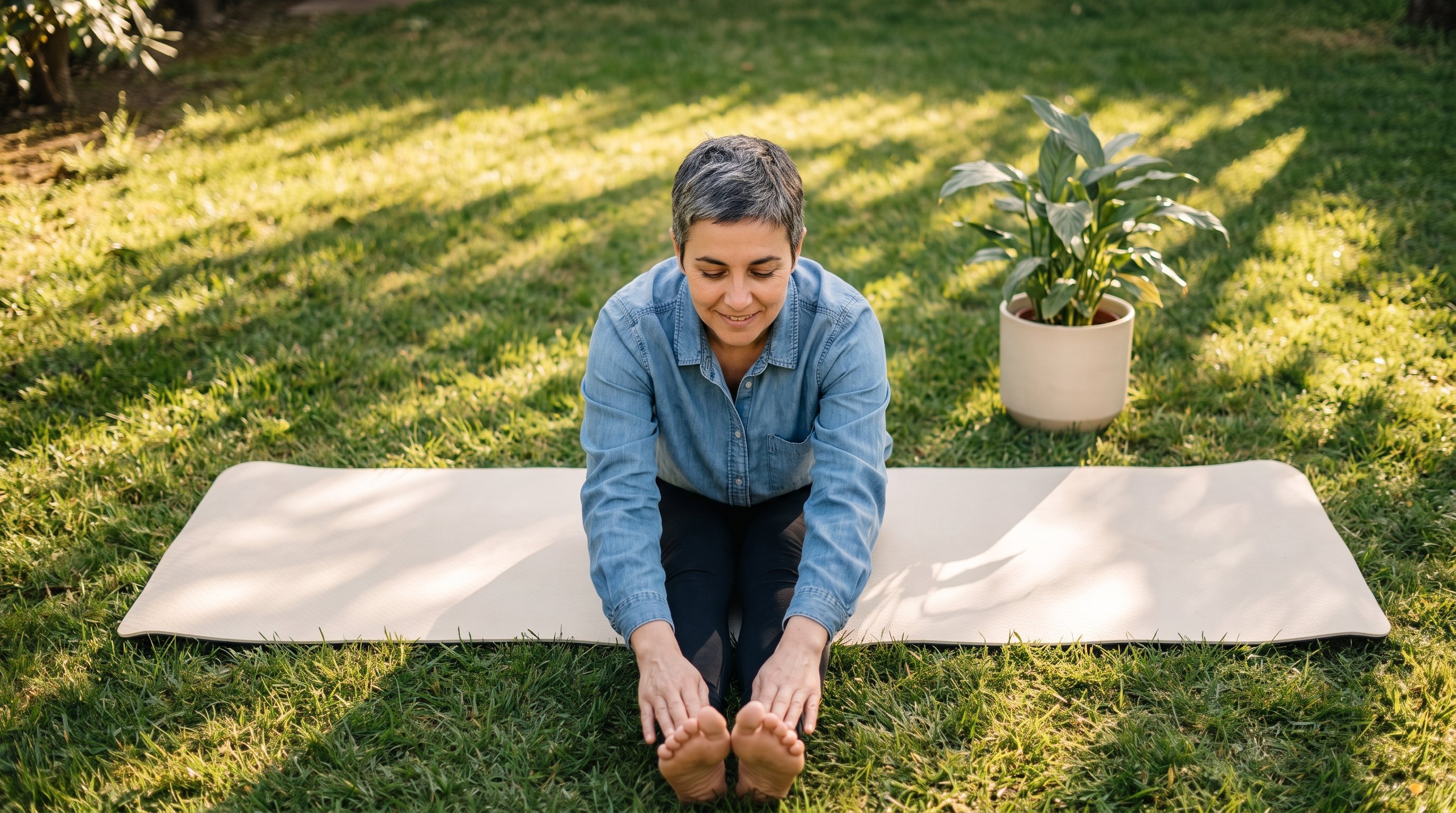 person doing a seated hamstring stretch on a yoga mat near a window