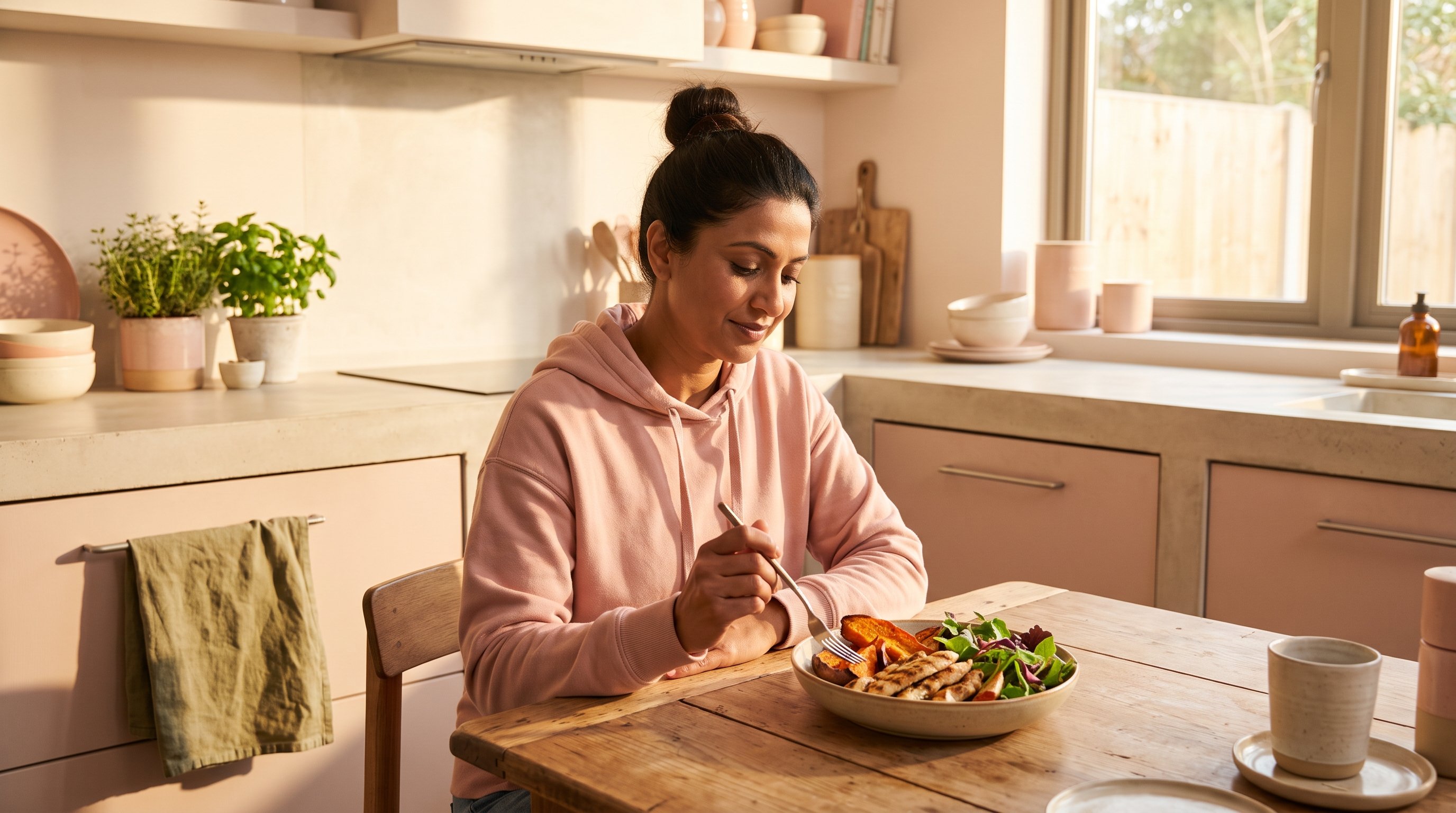 woman eating grilled chicken salad at kitchen table