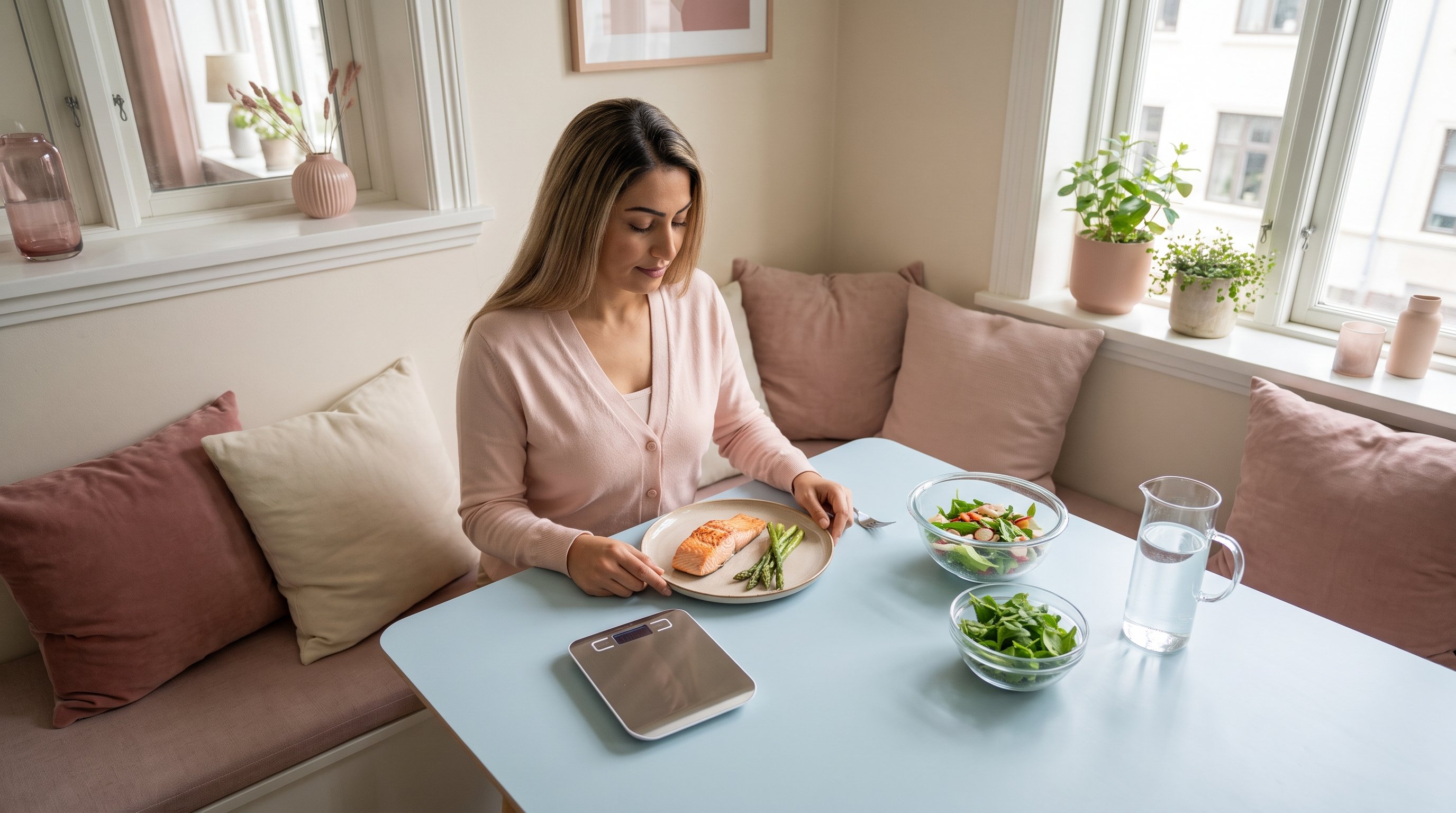 woman weighing grilled salmon fillet on kitchen scale