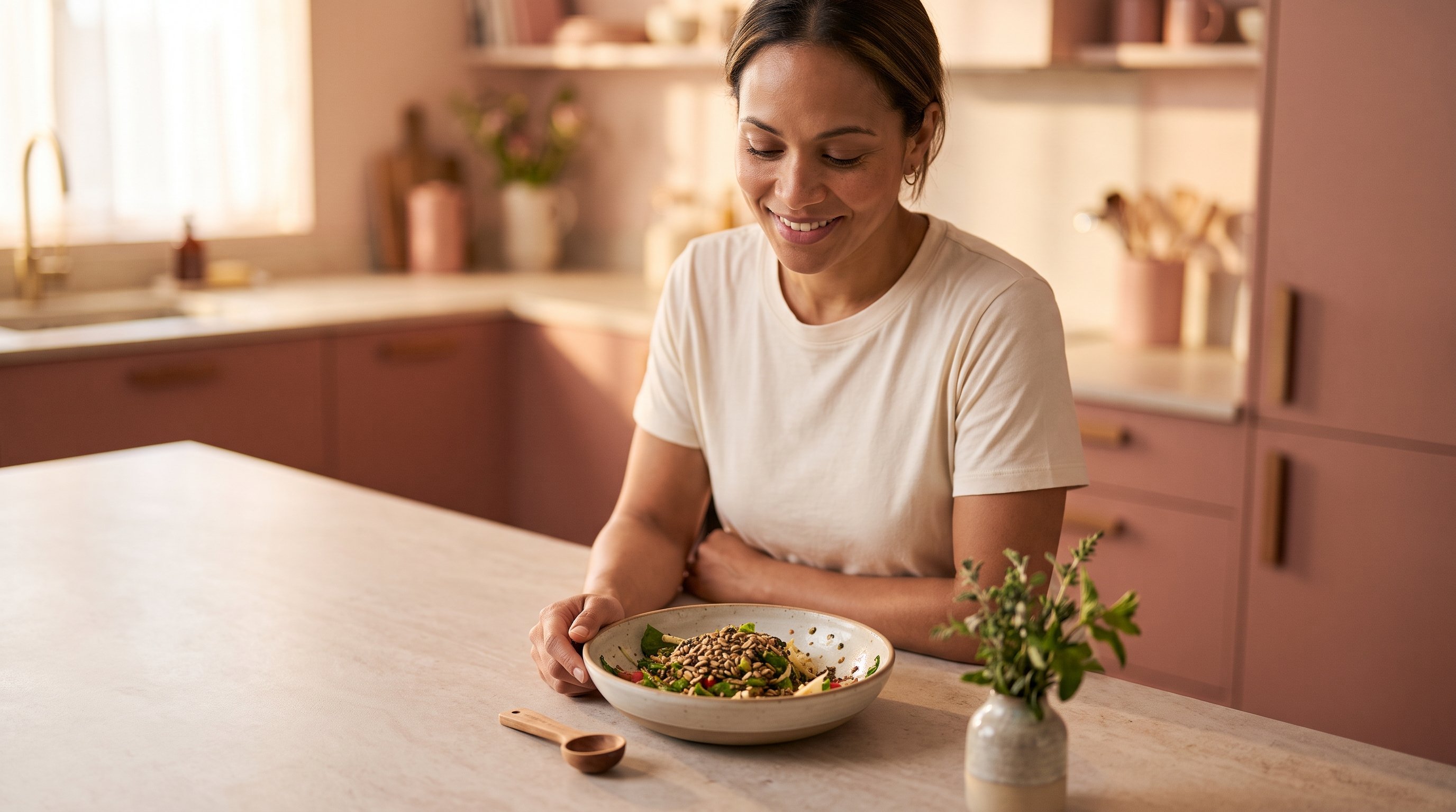woman sprinkling seeds over a bowl of salad at a kitchen table