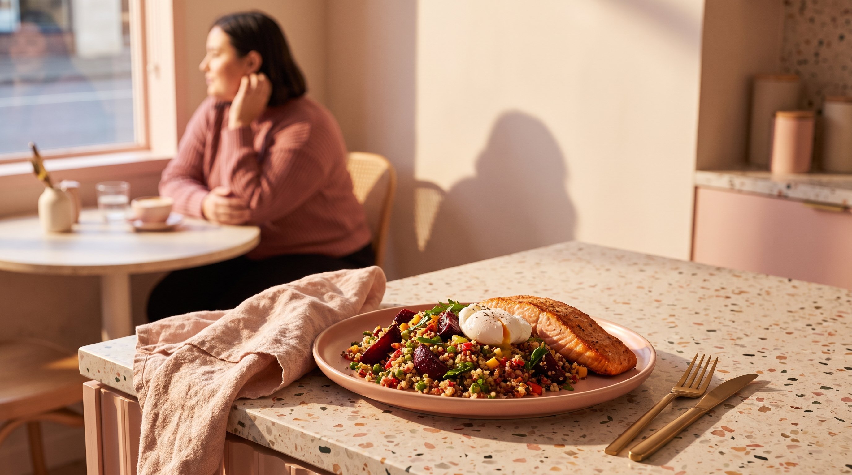 A colourful salmon and quinoa plate on a cozy breakfast table