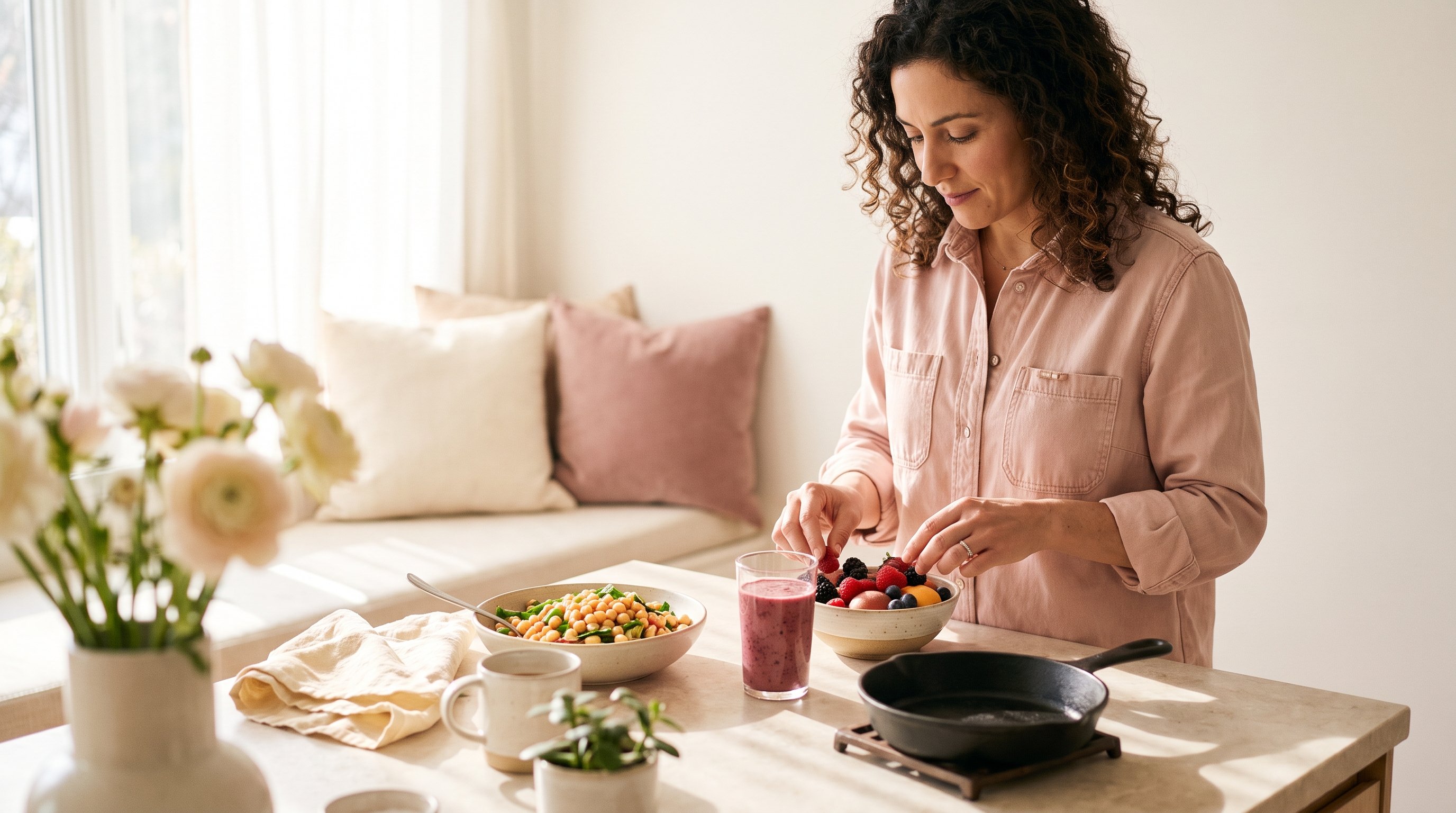 A woman in her 30s plating a berry smoothie and a fruit bowl in a sunlit kitchen