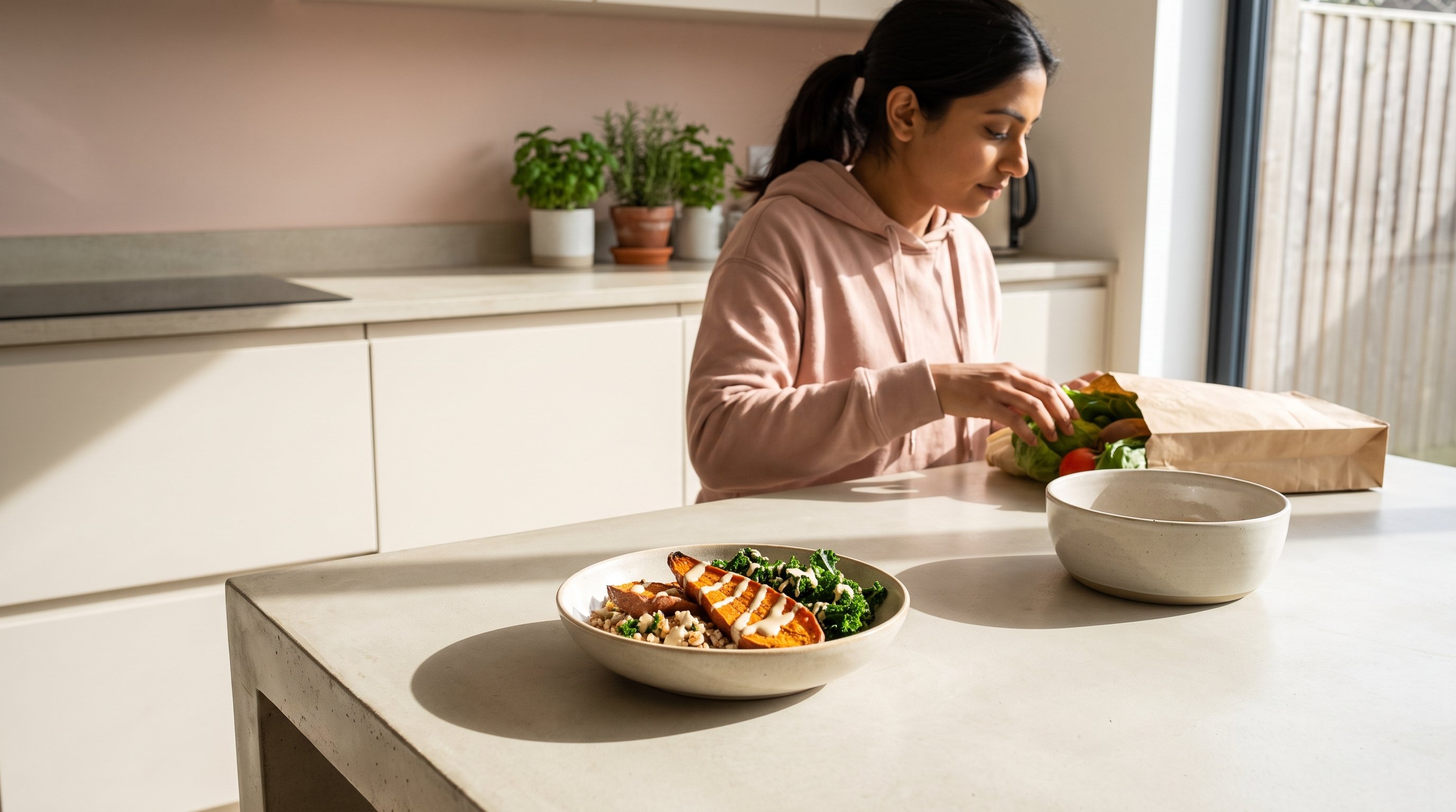 A woman in her 30s unpacking fresh groceries in a sunlit kitchen