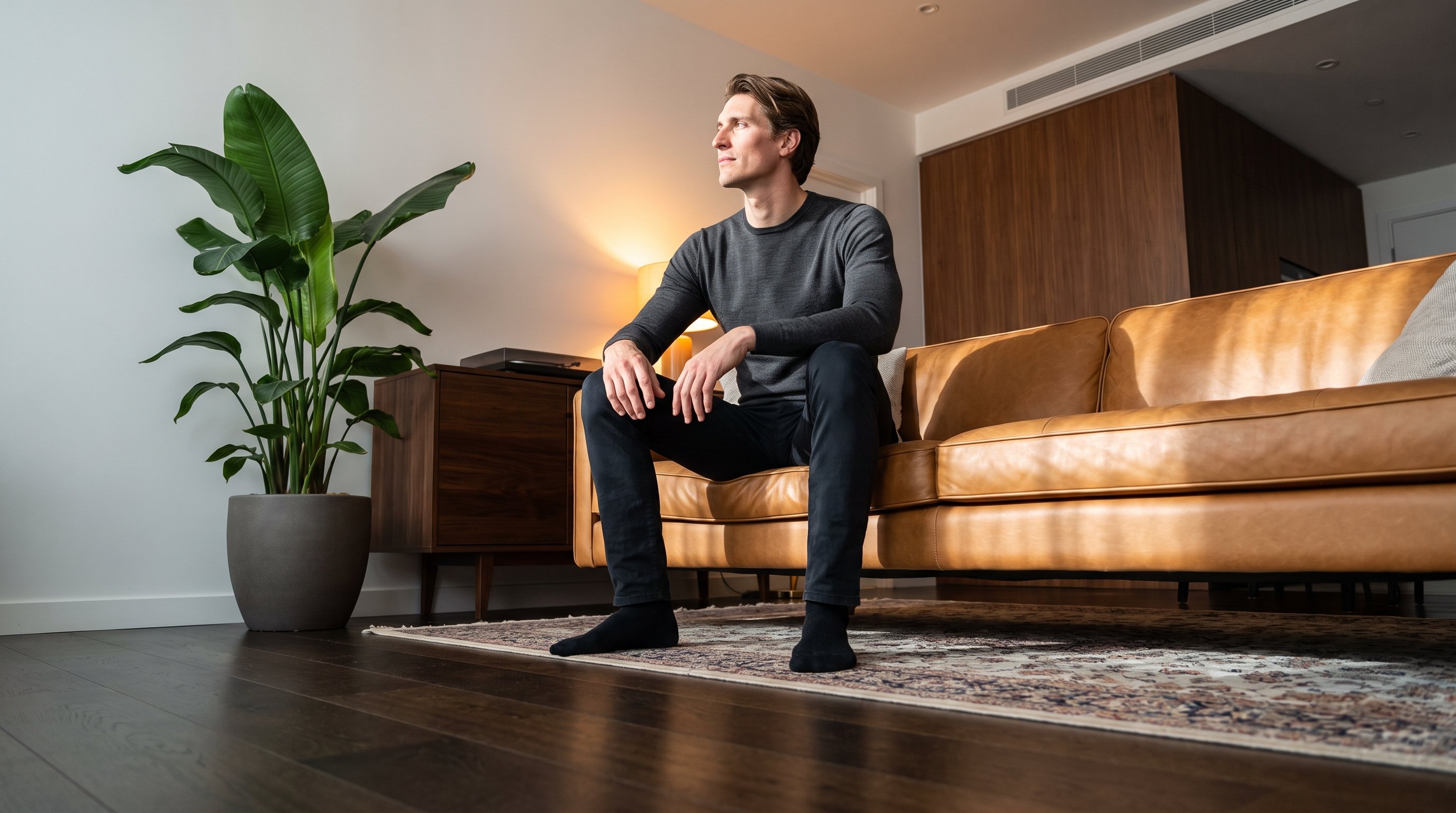 man sitting quietly on a sofa practising a pelvic floor contraction