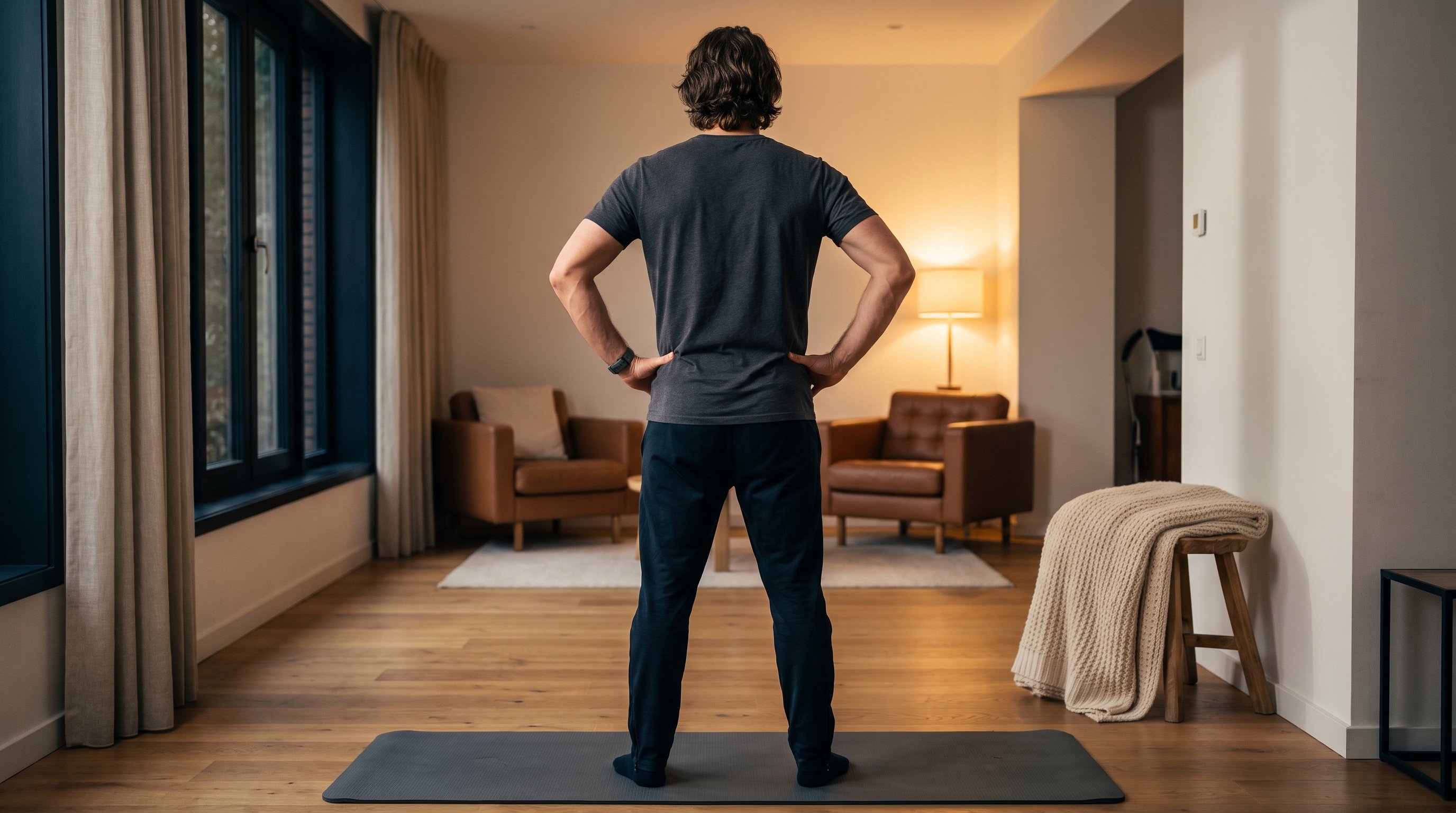 man doing a quiet pelvic floor exercise at home