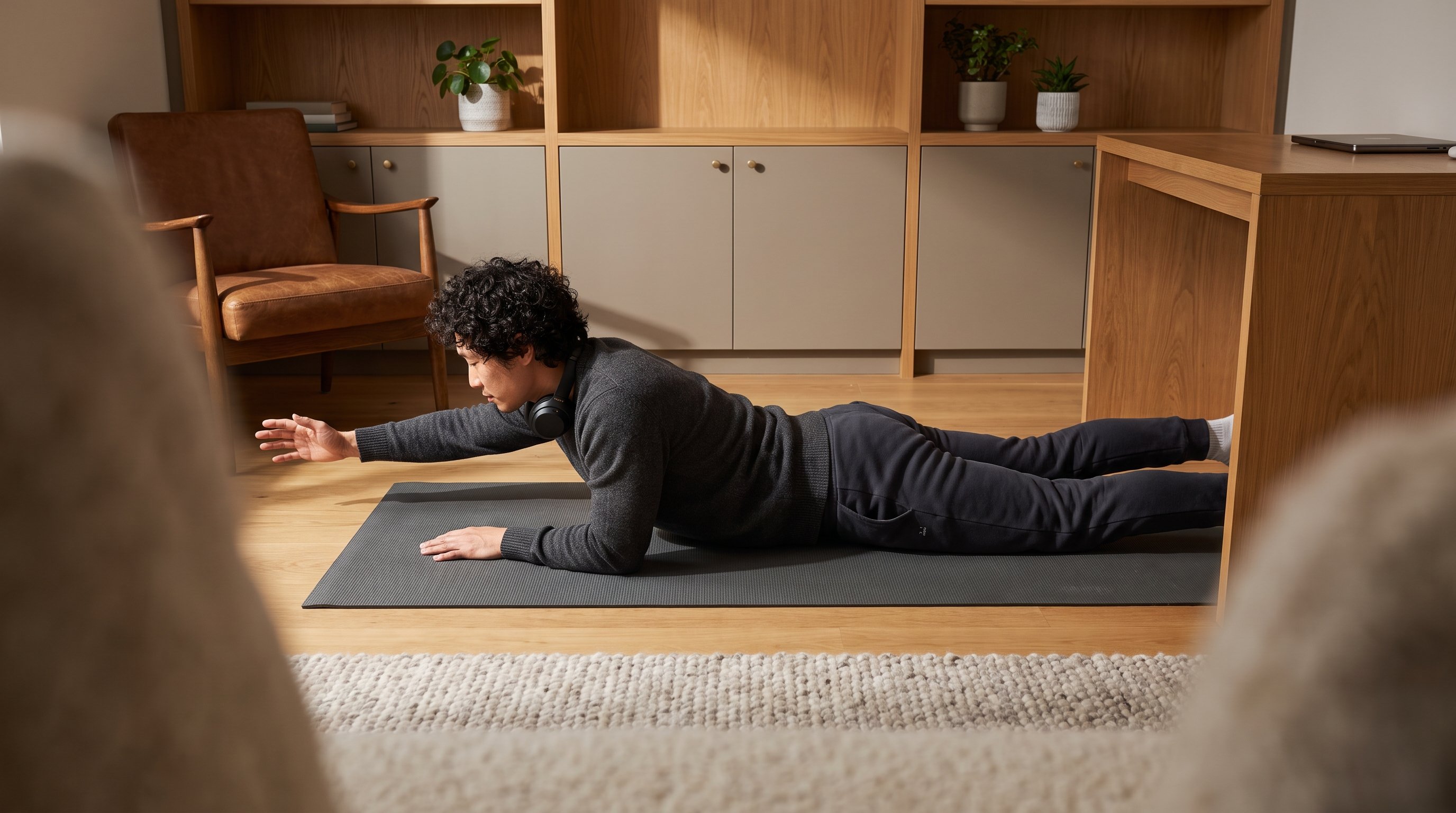 person stretching on a yoga mat beside a window at dawn