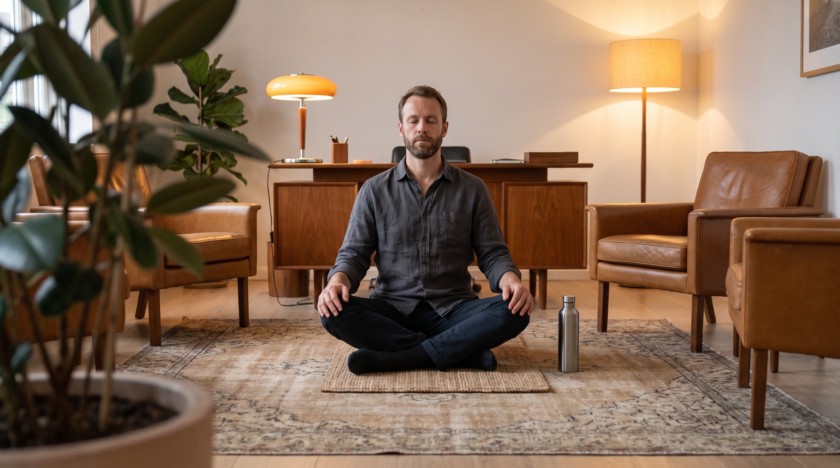 a man in his 40s doing a calm seated breathing and core exercise on a mat at home