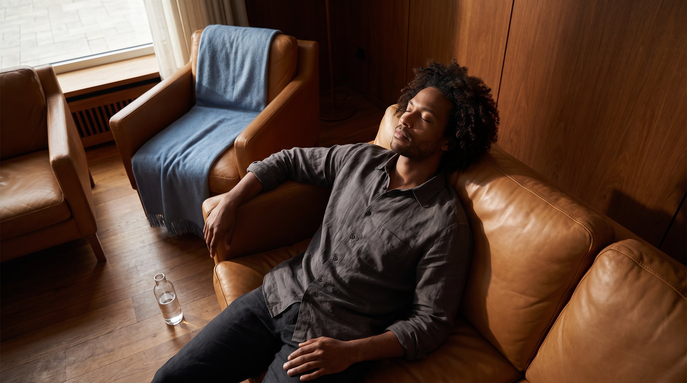 man relaxing at home following a kegel exercise routine