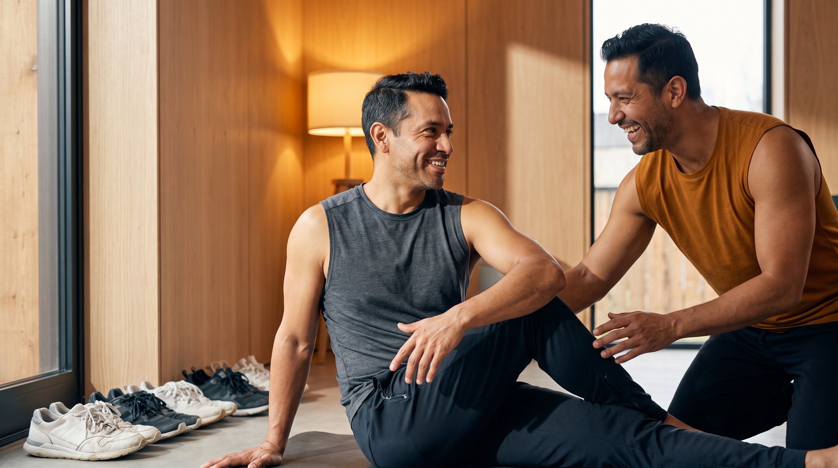 two friends exercising together at home