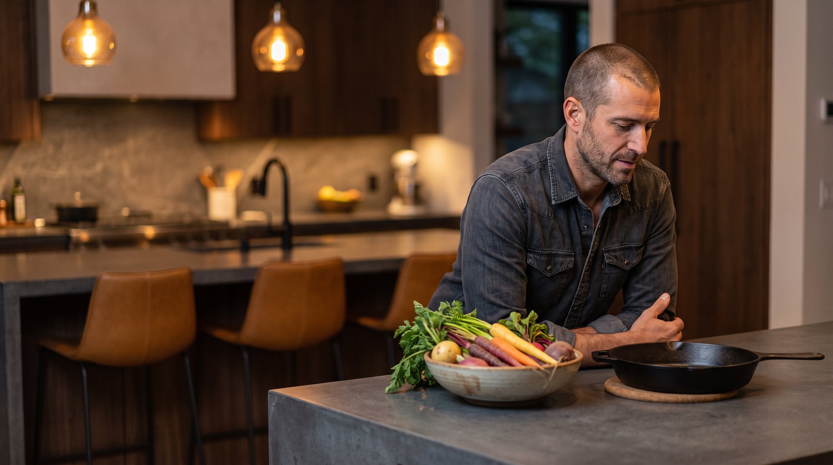 man chopping broccoli and tomatoes on a kitchen counter