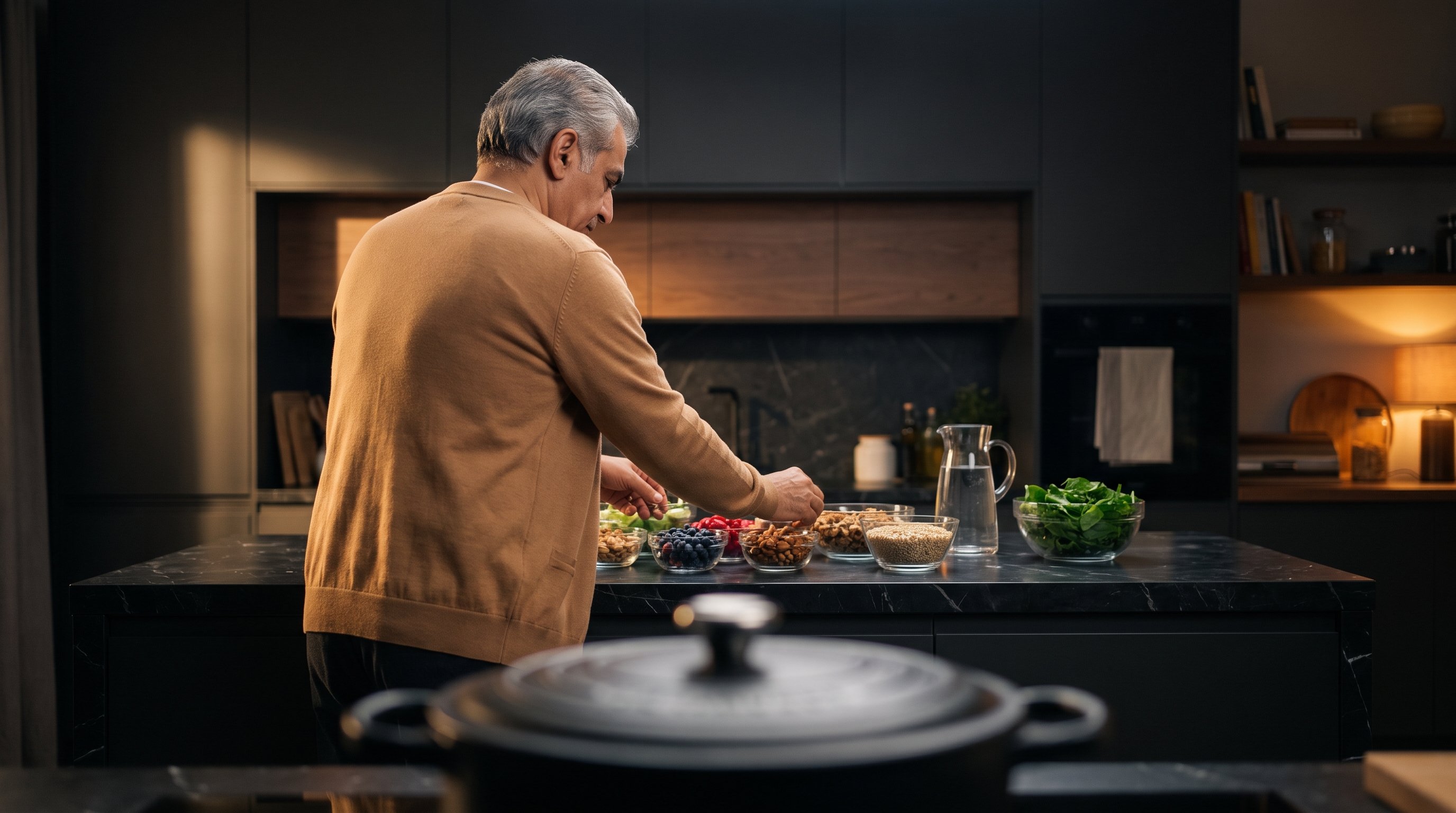 person chopping vegetables on a wooden kitchen counter