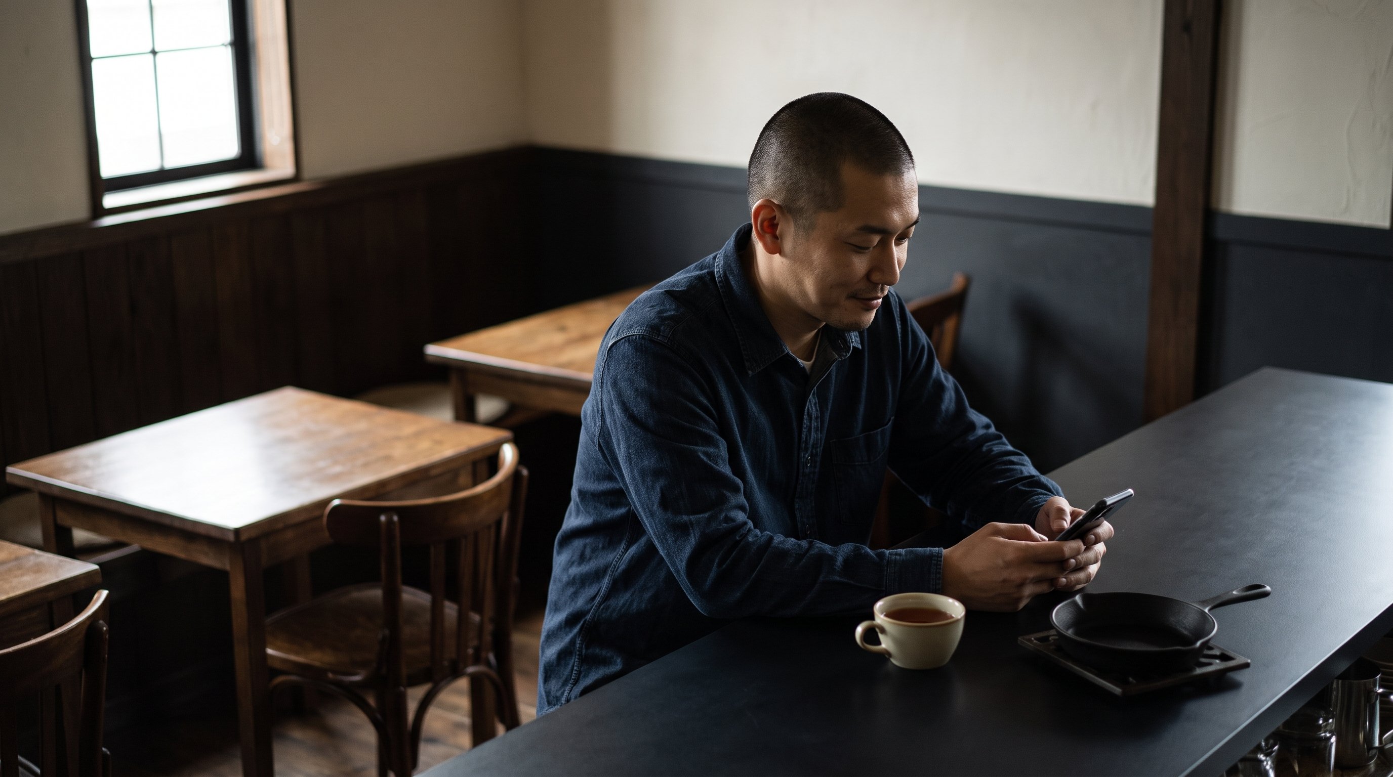person checking subscription settings on a phone at a kitchen table
