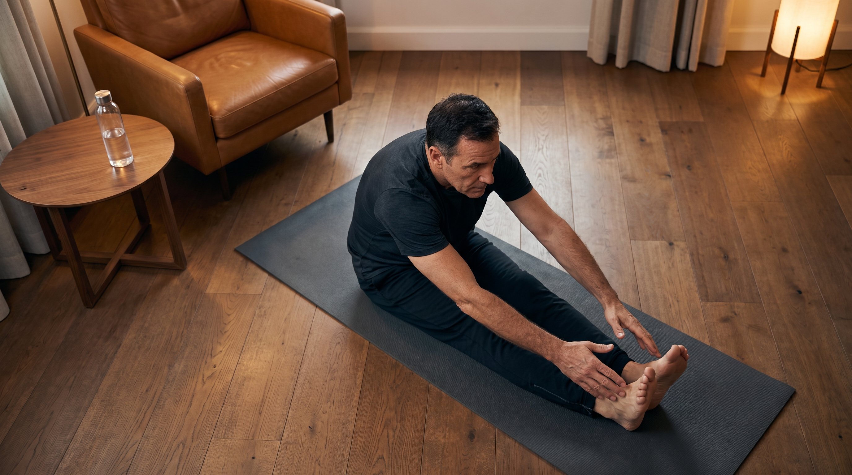 woman doing a short stretching routine on living room floor