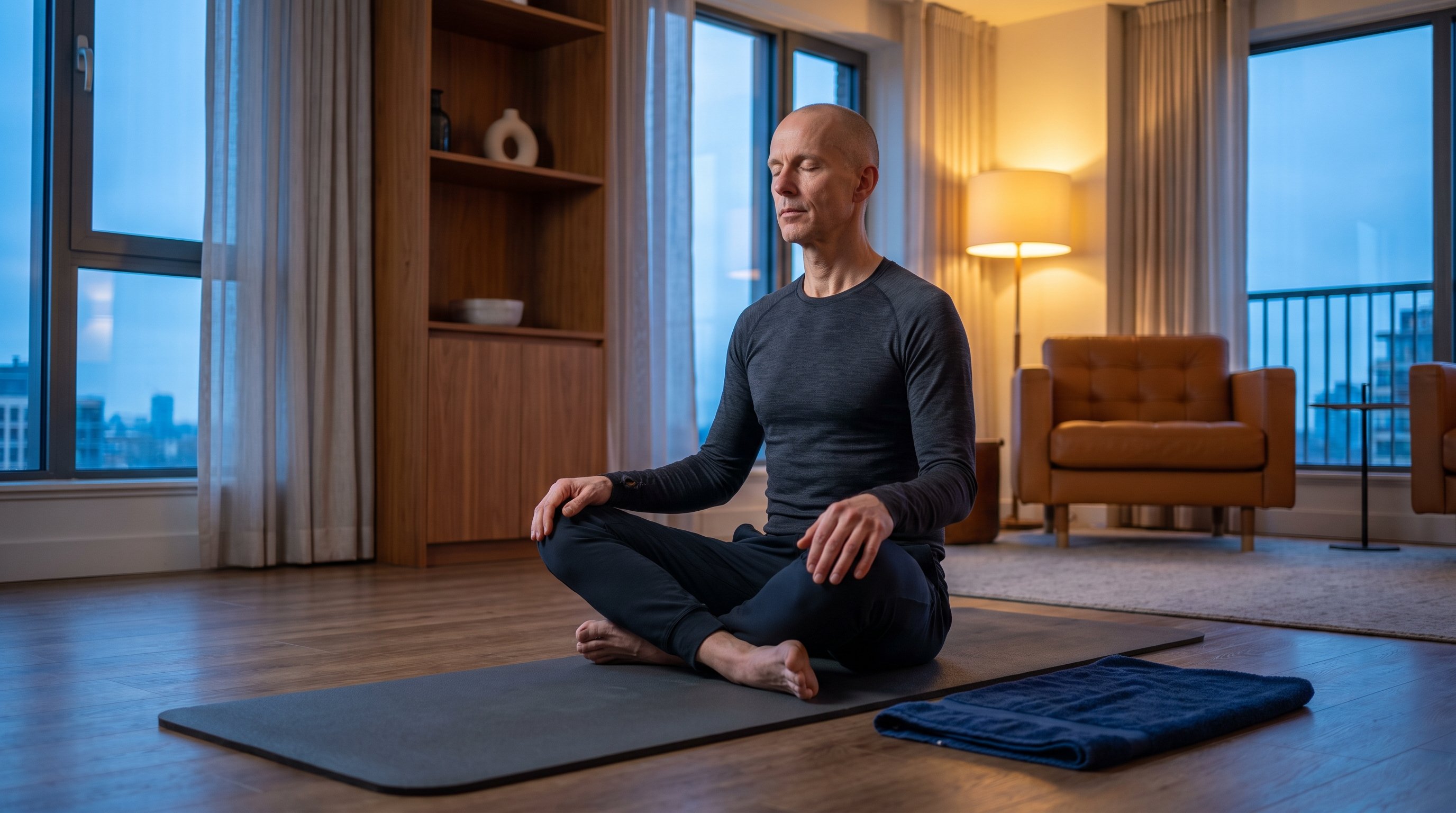 a man in his 40s doing a calm seated breathing and core exercise on a mat at home