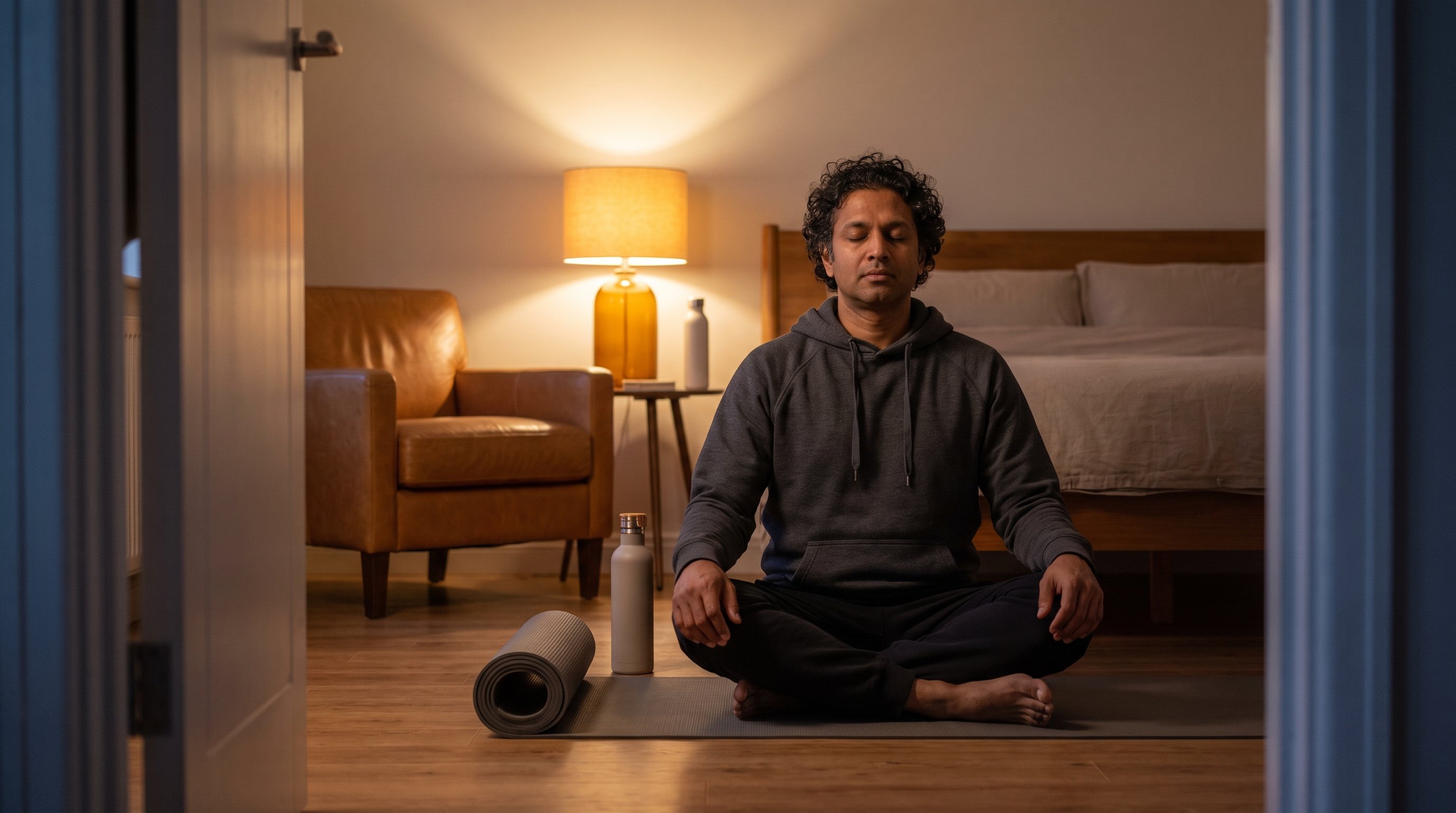 a man in his 40s doing a calm seated breathing and core exercise on a mat at home