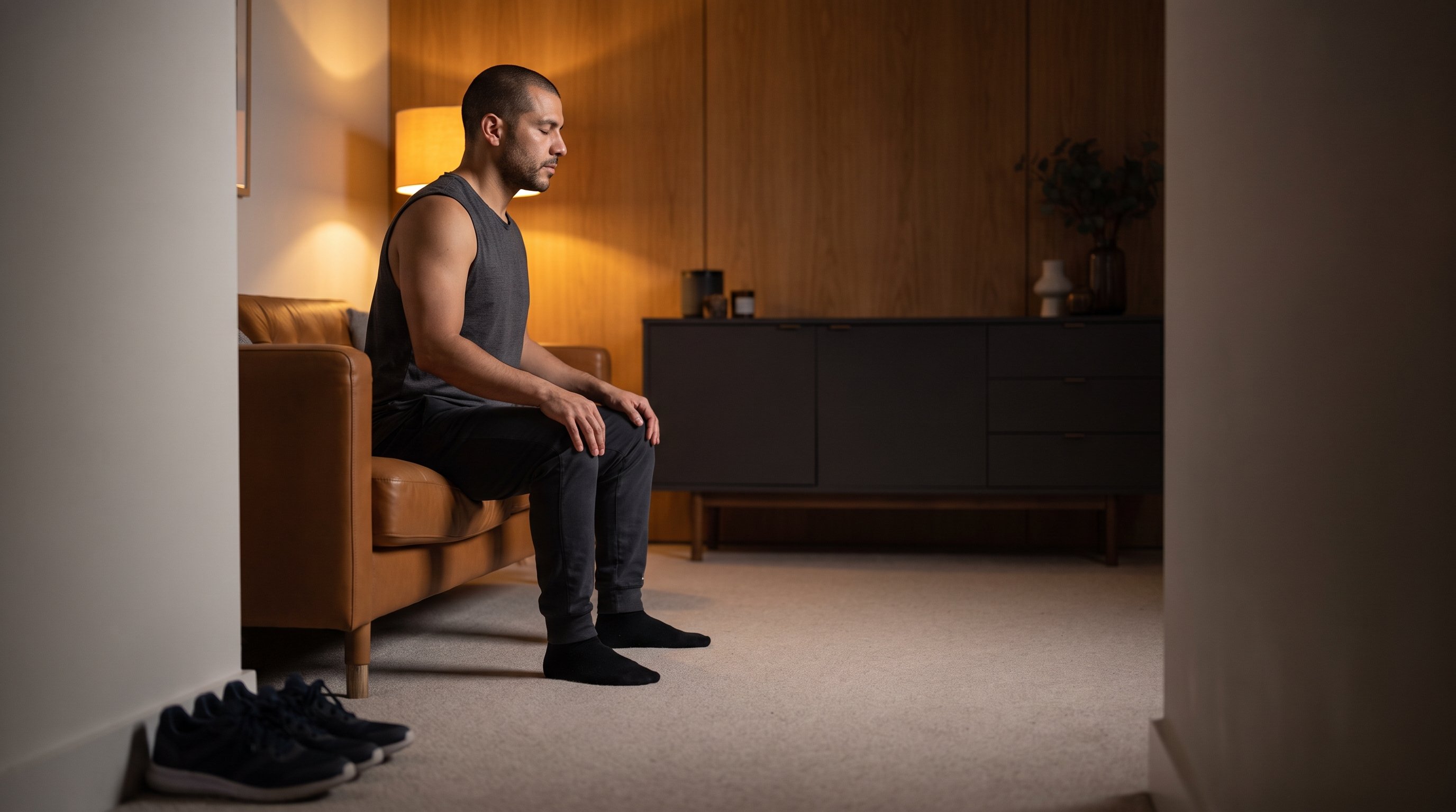 man doing seated breathing exercise on edge of sofa