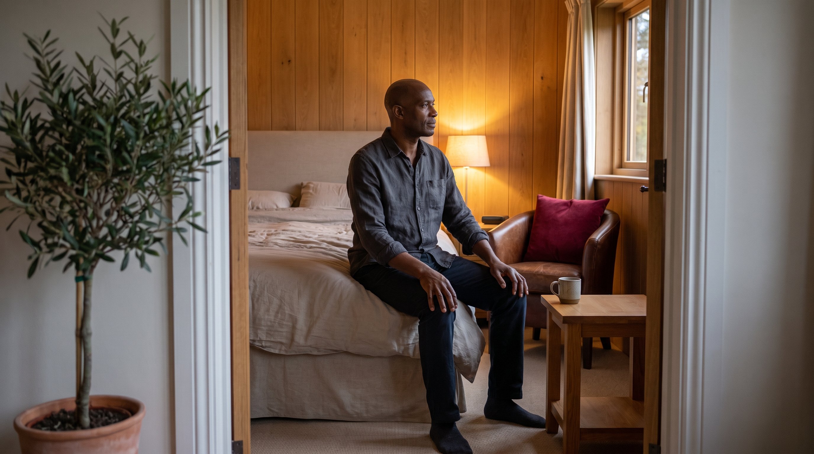man sitting quietly on edge of bed in morning light