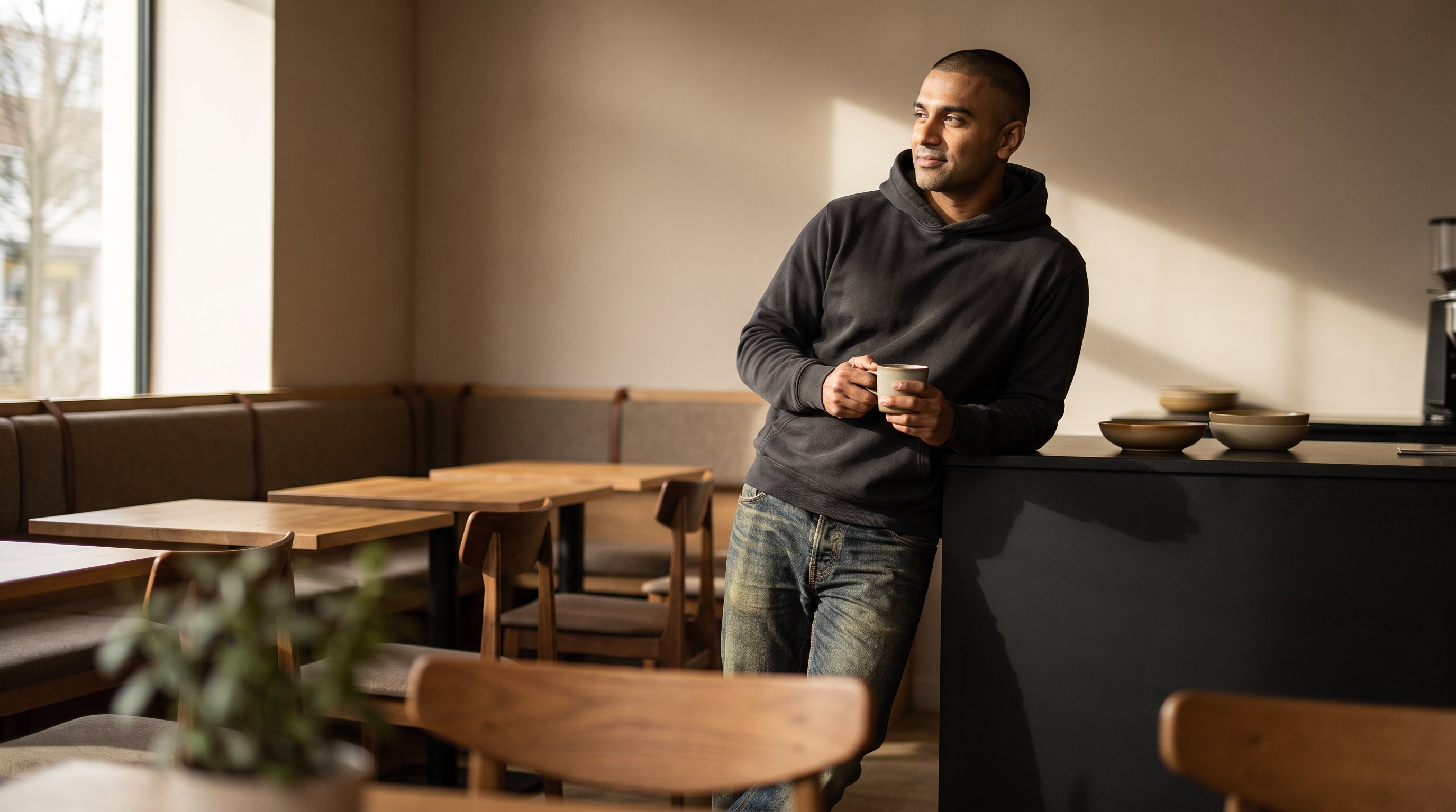 man standing at kitchen counter during short break