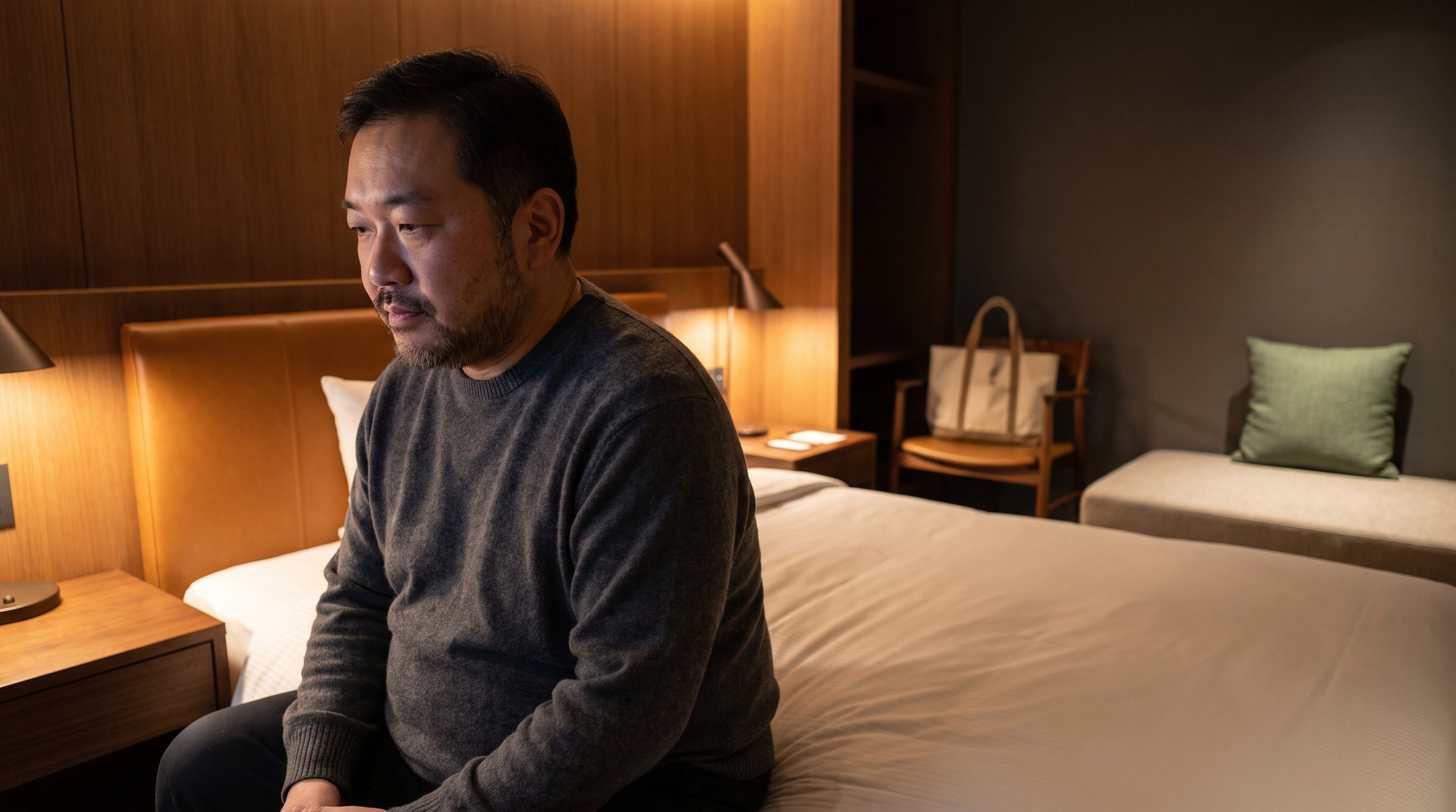 man sitting calmly on edge of bed