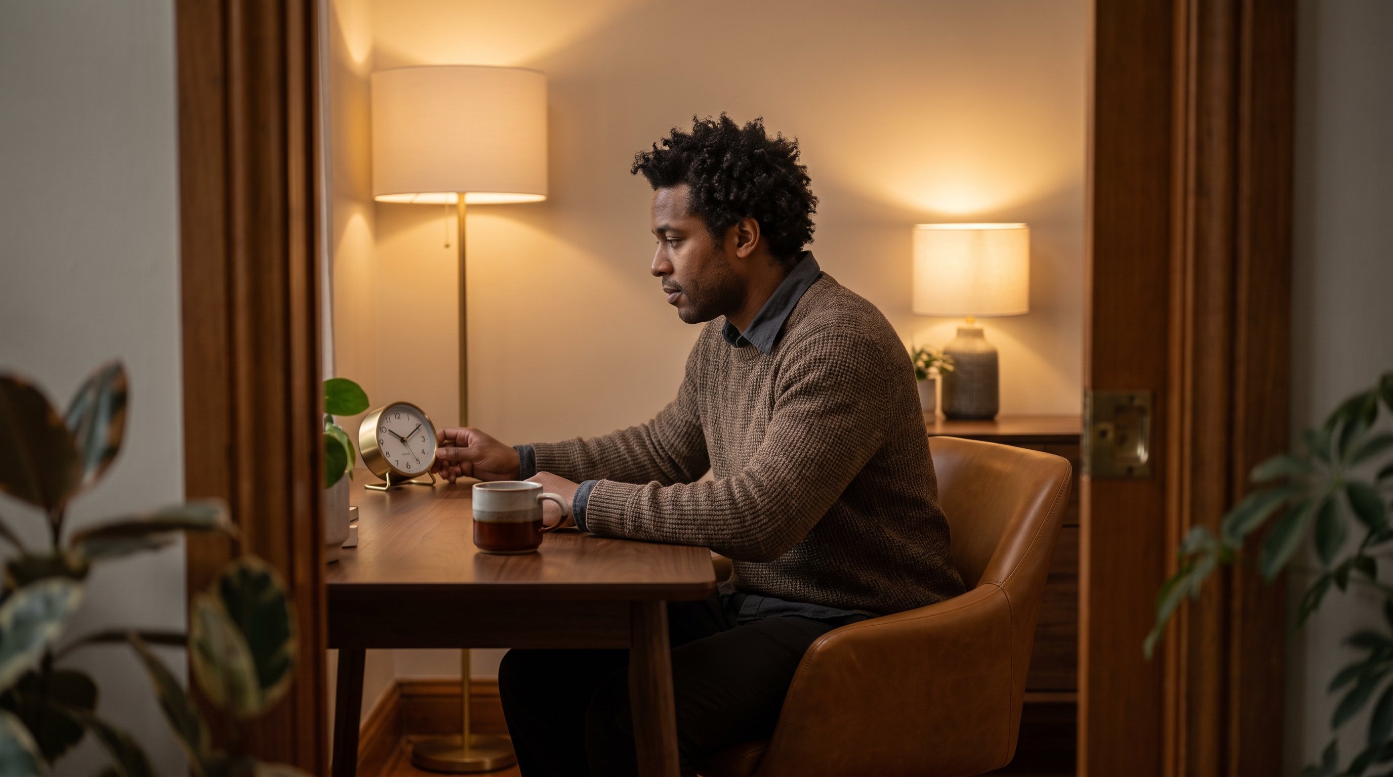 man checking a phone timer during a quiet moment at a desk