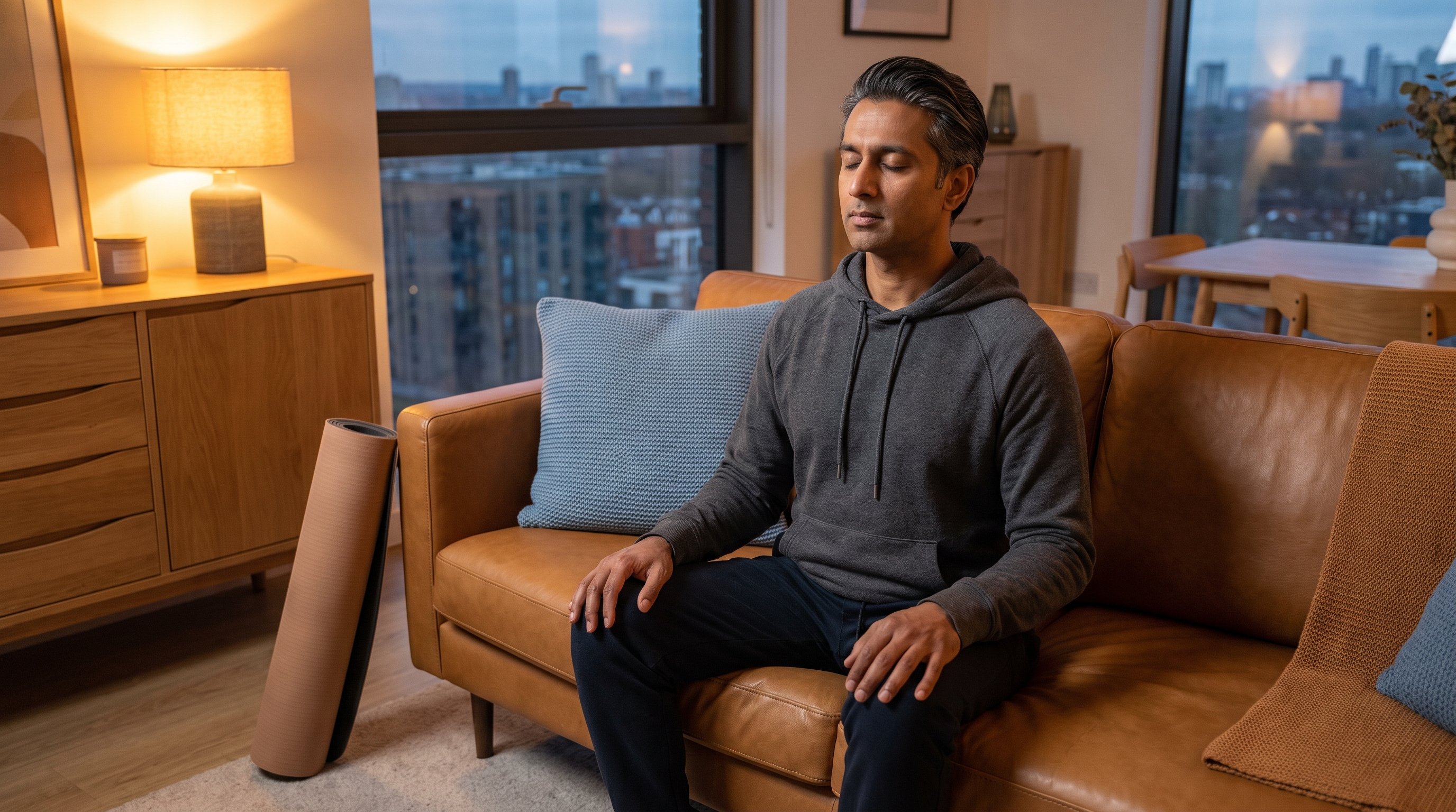 man sitting quietly doing pelvic floor exercise at home