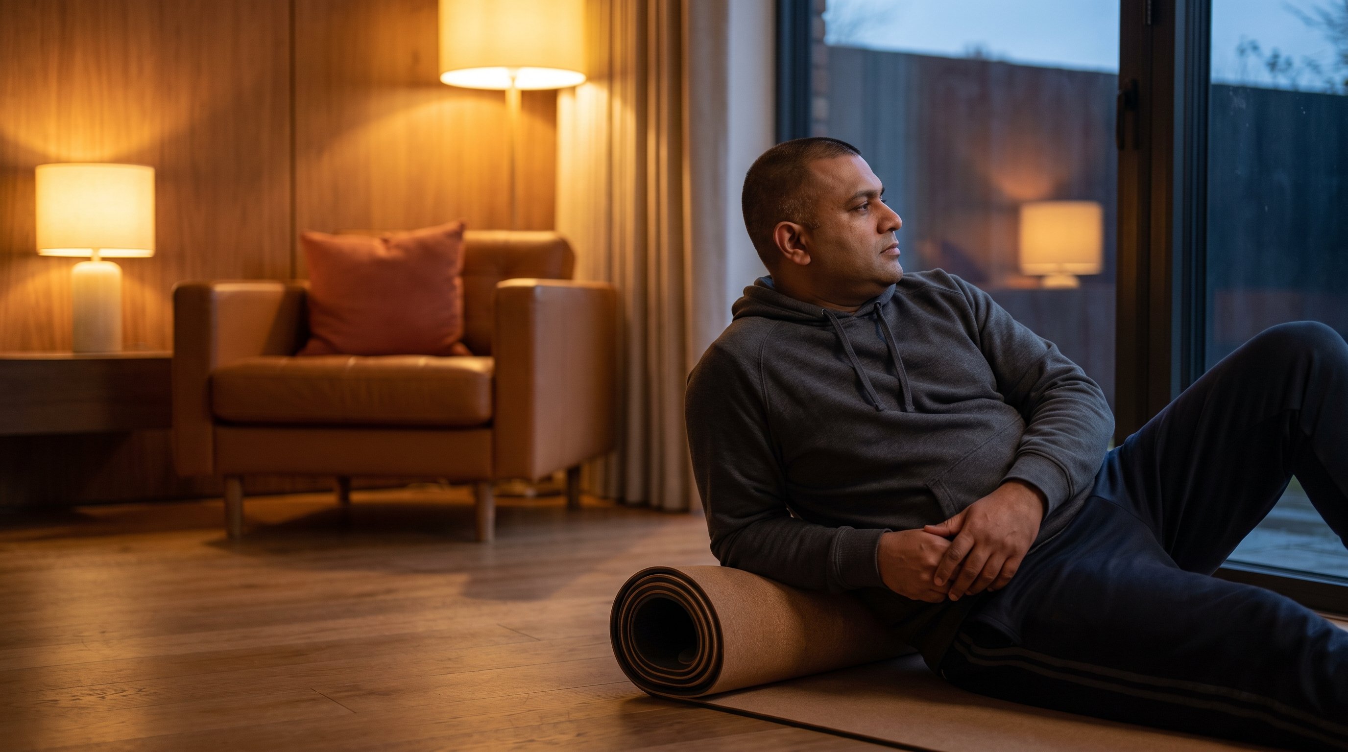man sitting quietly at desk during a break