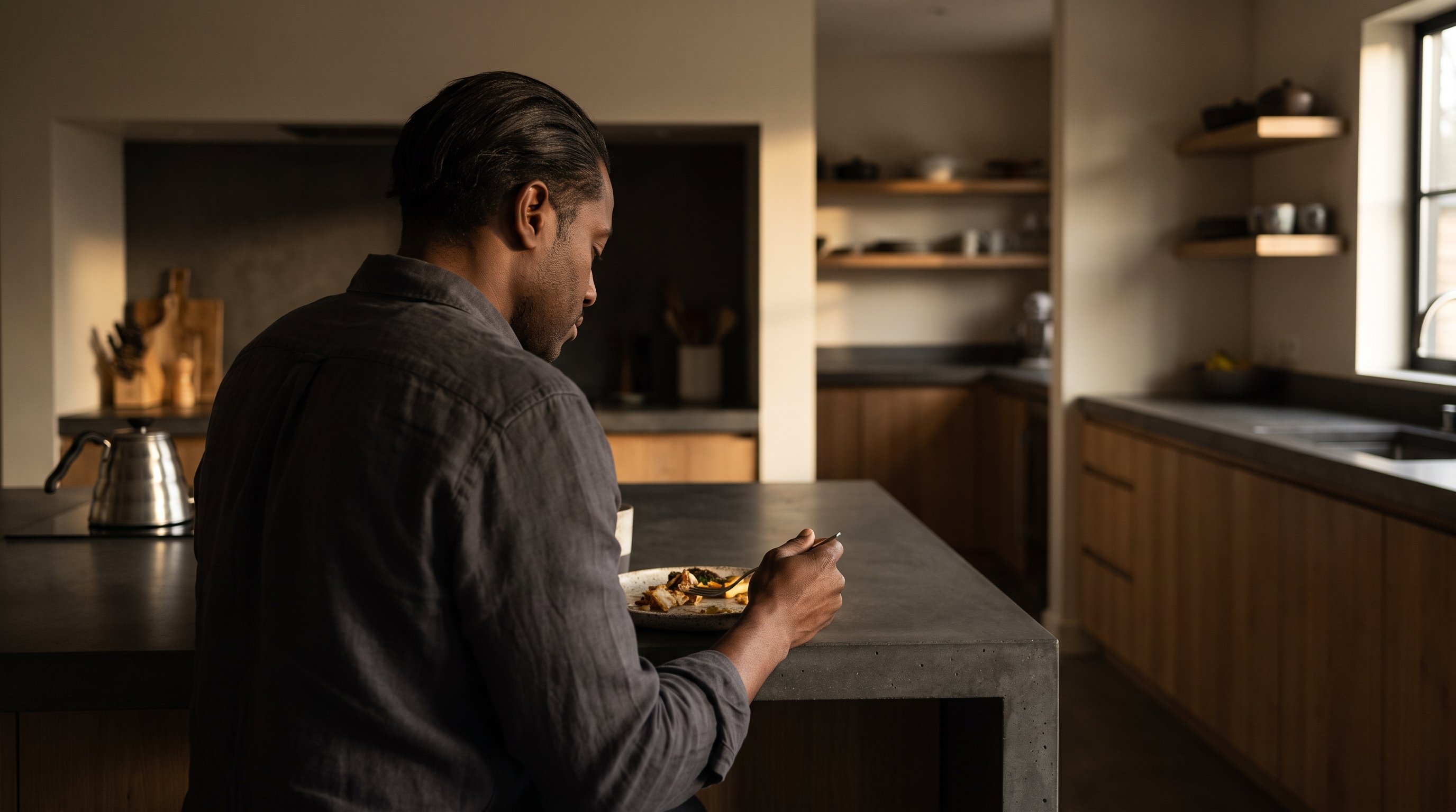 man waiting for kettle to boil in kitchen