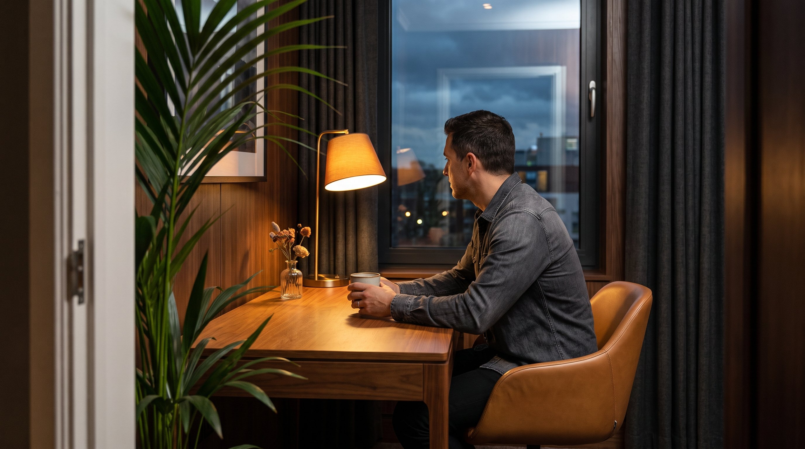 man pausing briefly at desk during work day
