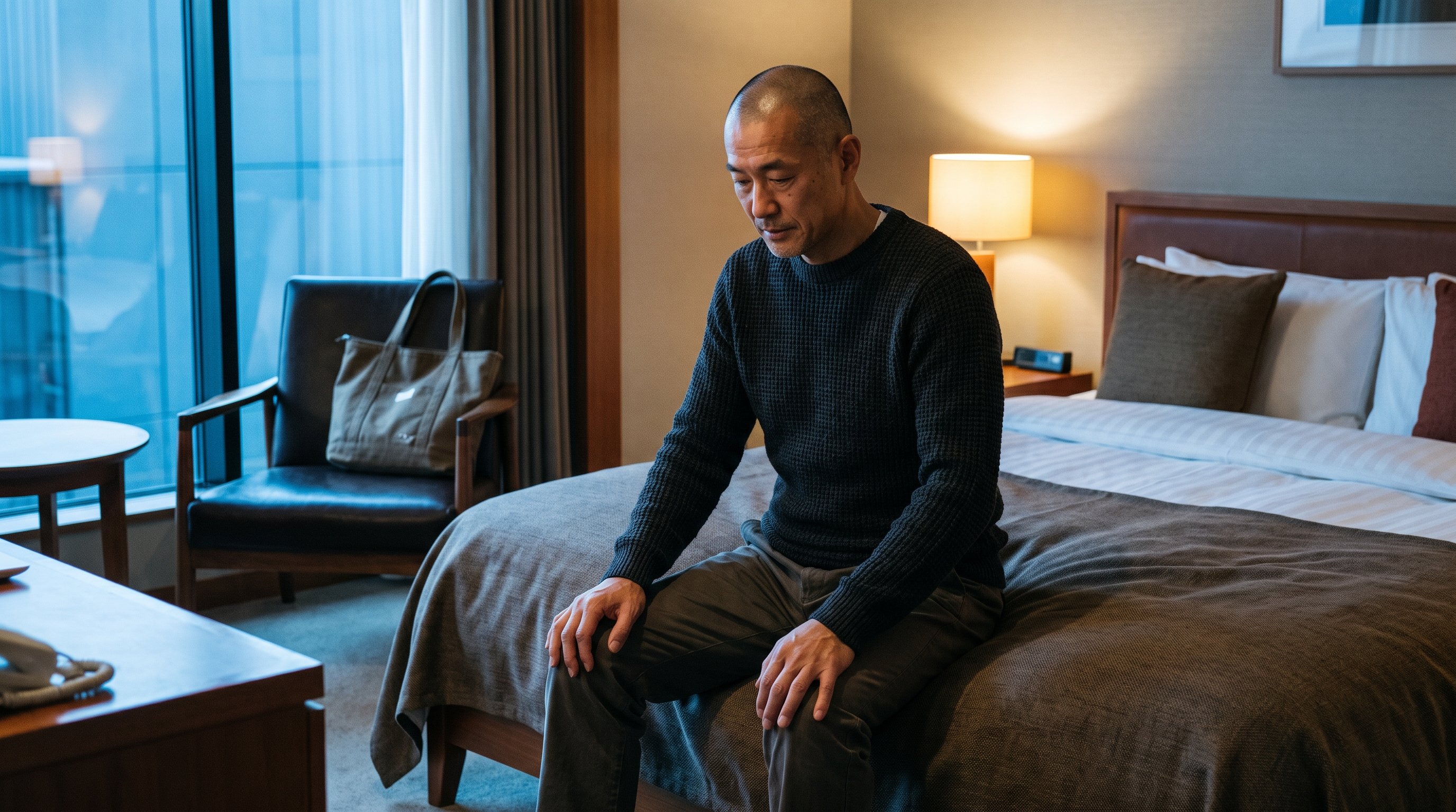 man sitting quietly on edge of bed focusing before exercise