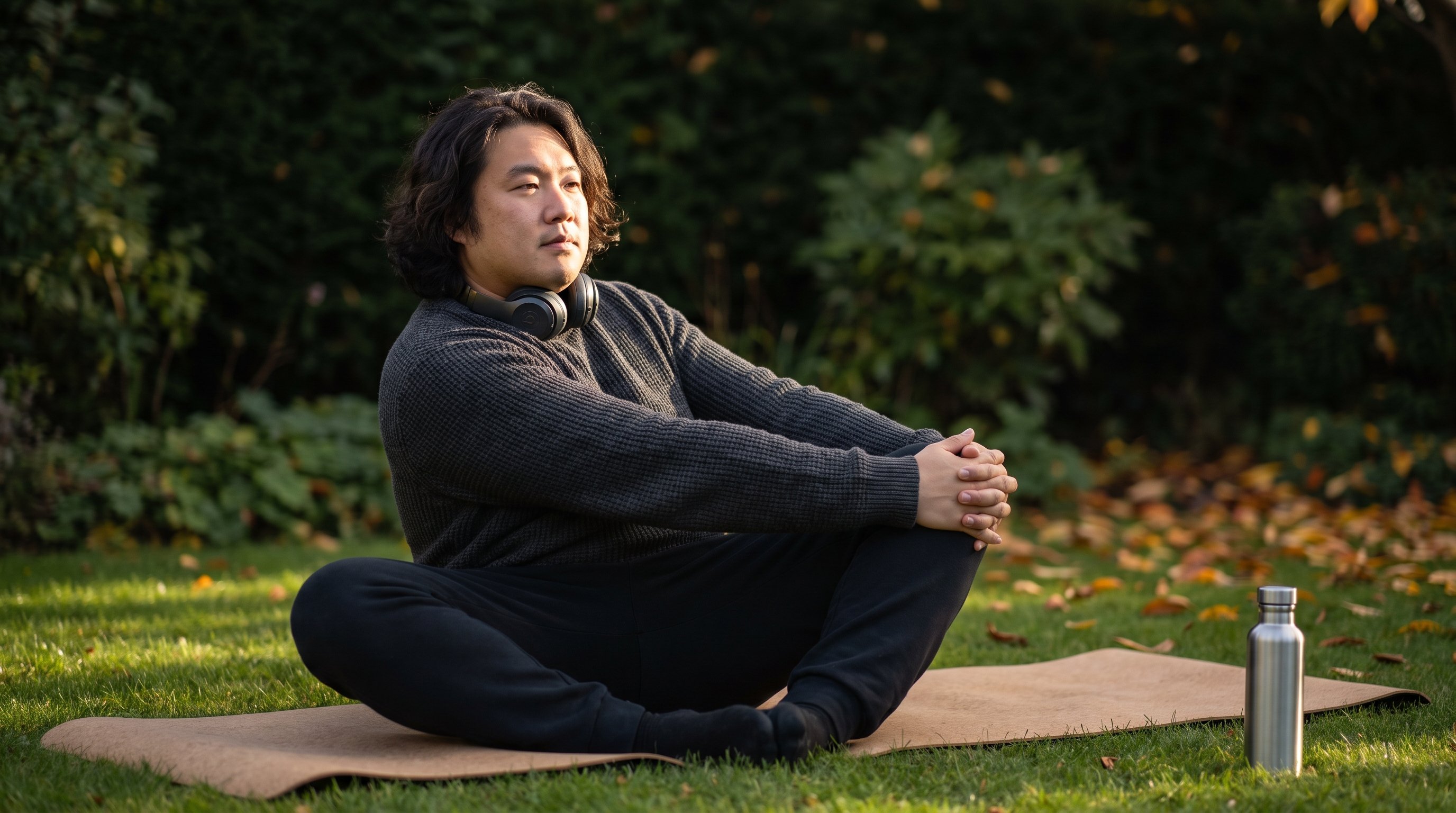 a man in his 40s doing a calm seated breathing and core exercise on a mat at home