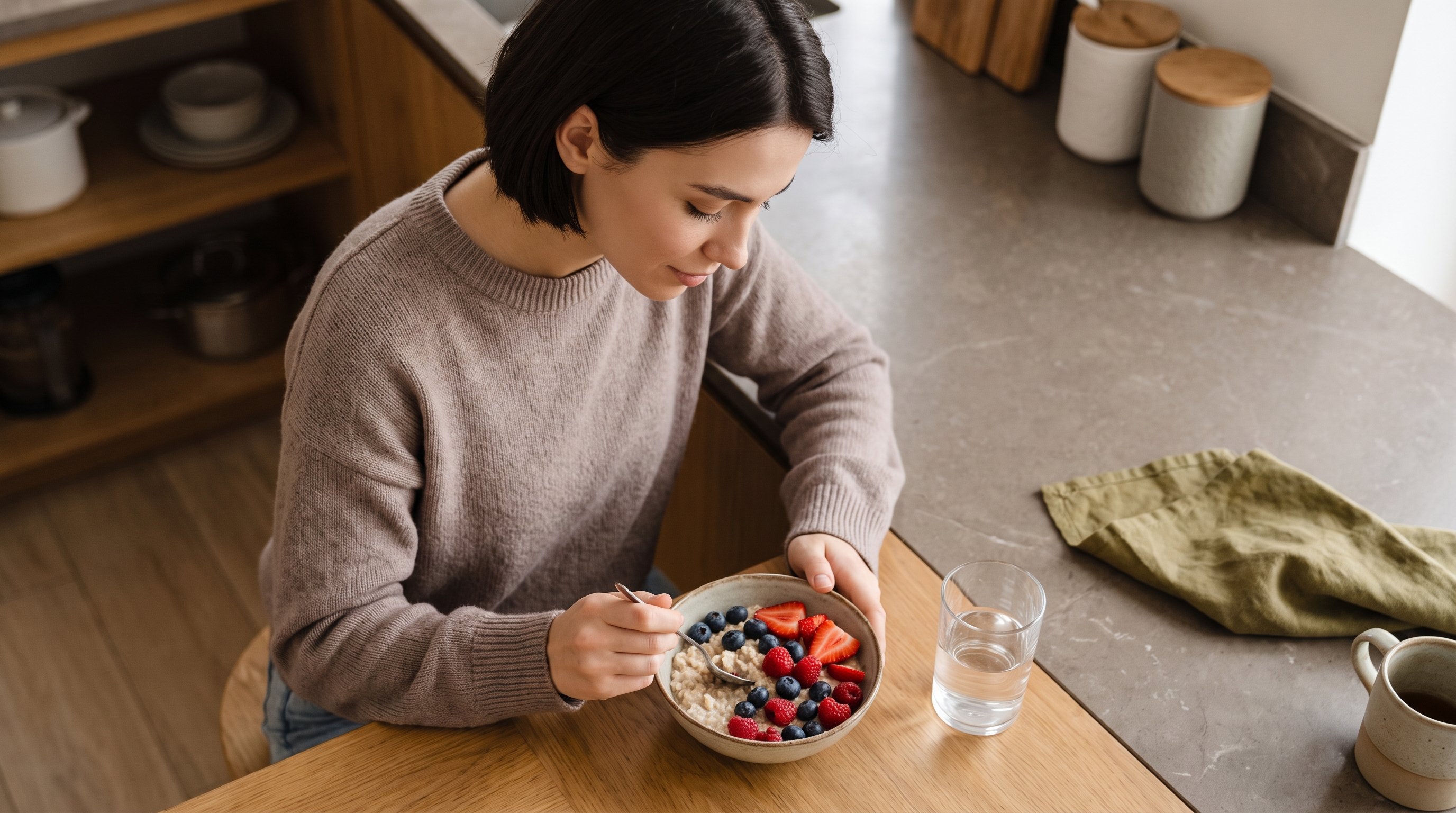 person checking phone calendar at breakfast table in morning light