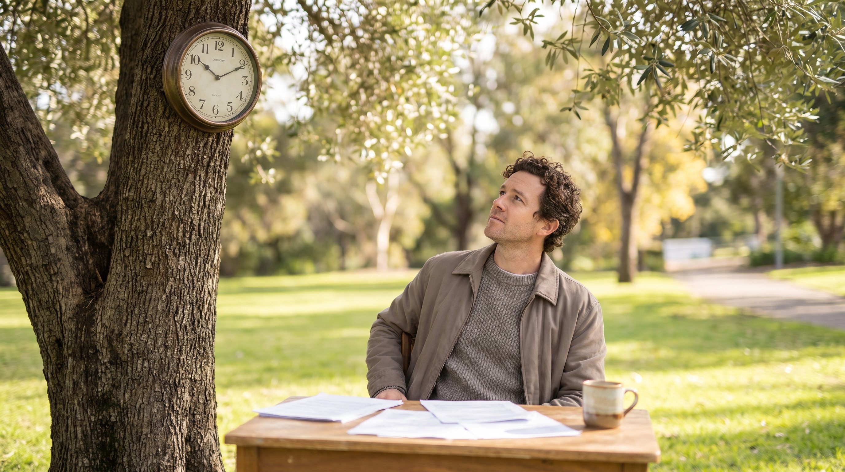 person staring at clock while work sits unfinished on desk