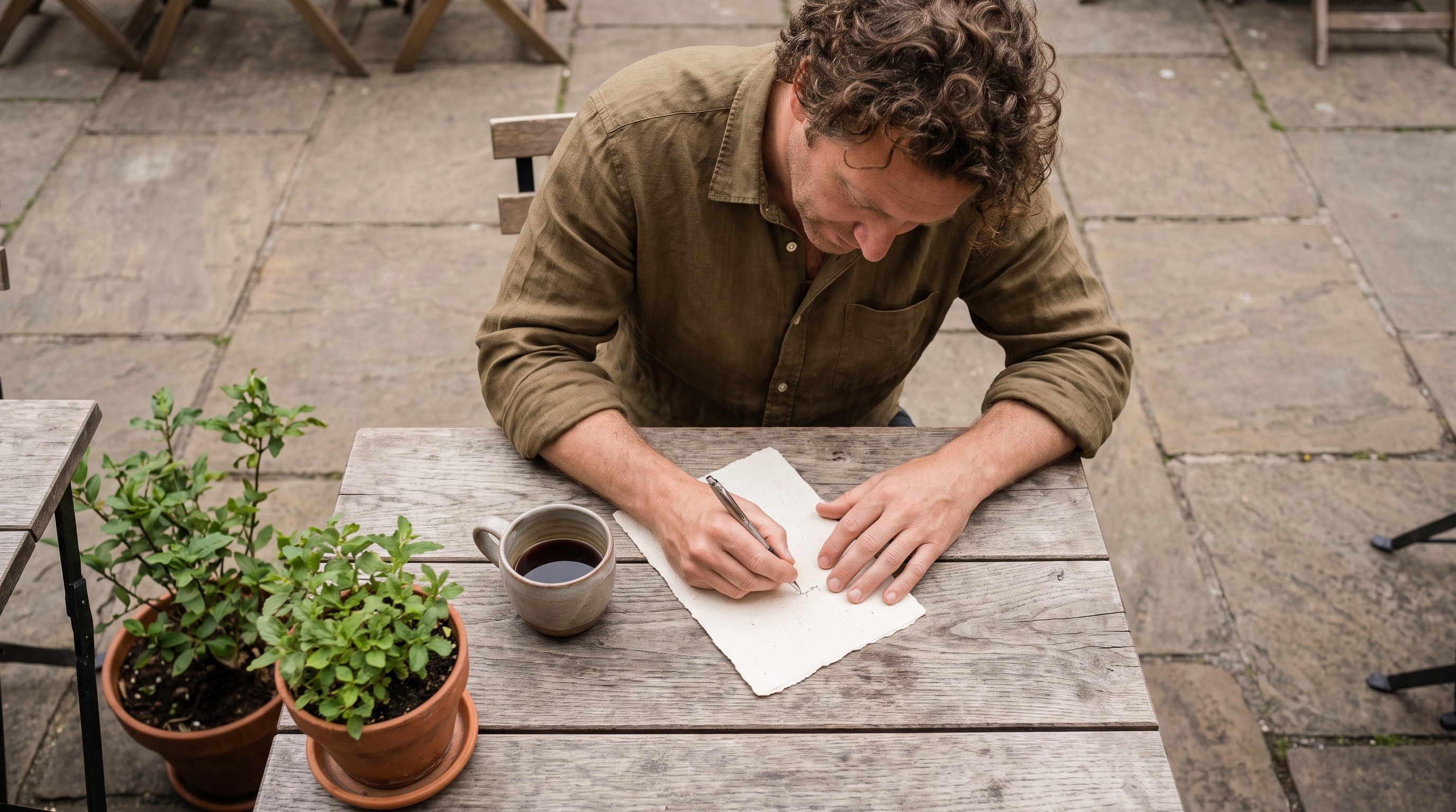 hand writing quick notes in small notebook beside a coffee cup