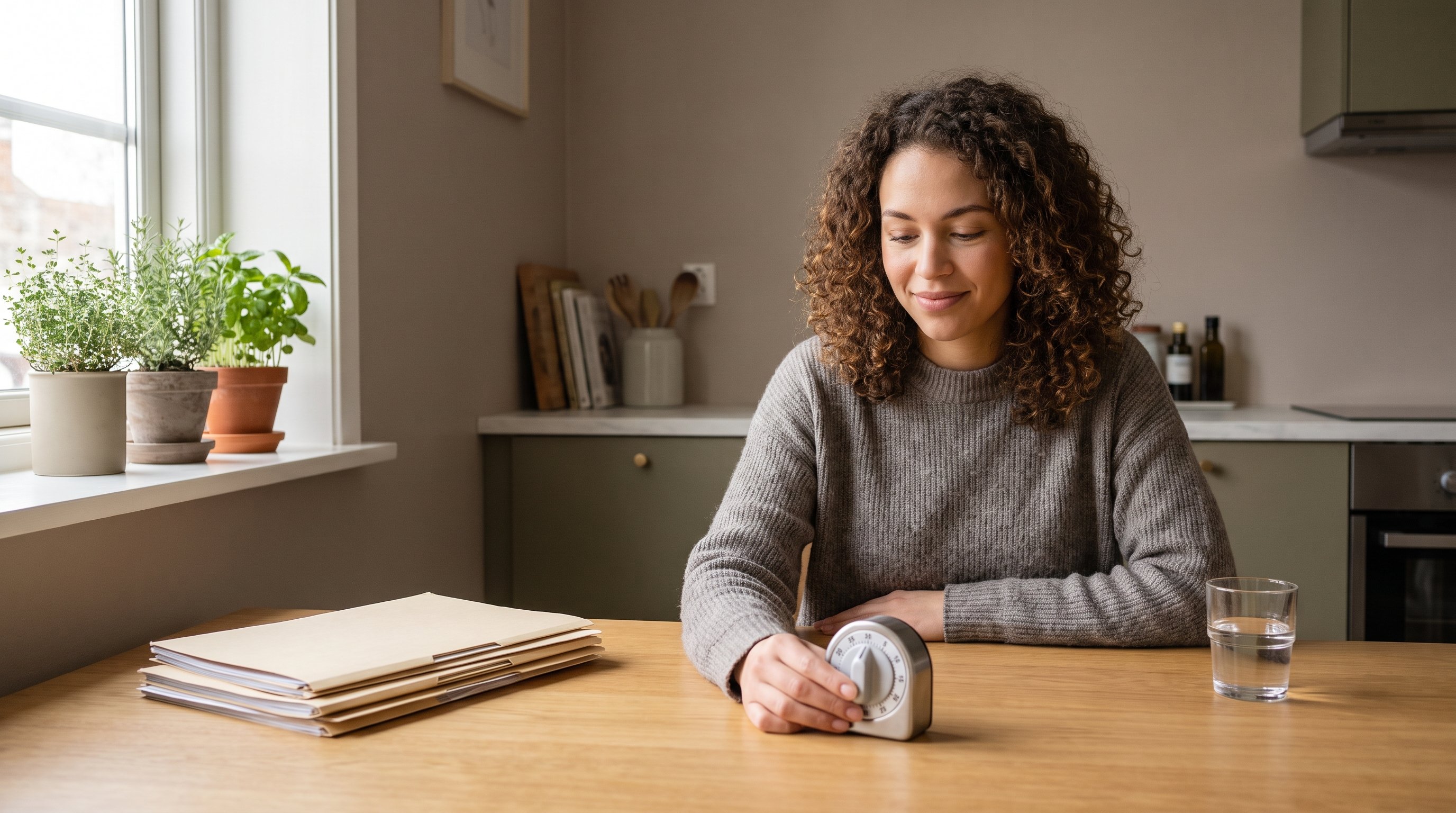 woman at kitchen table checking phone timer while working on laptop