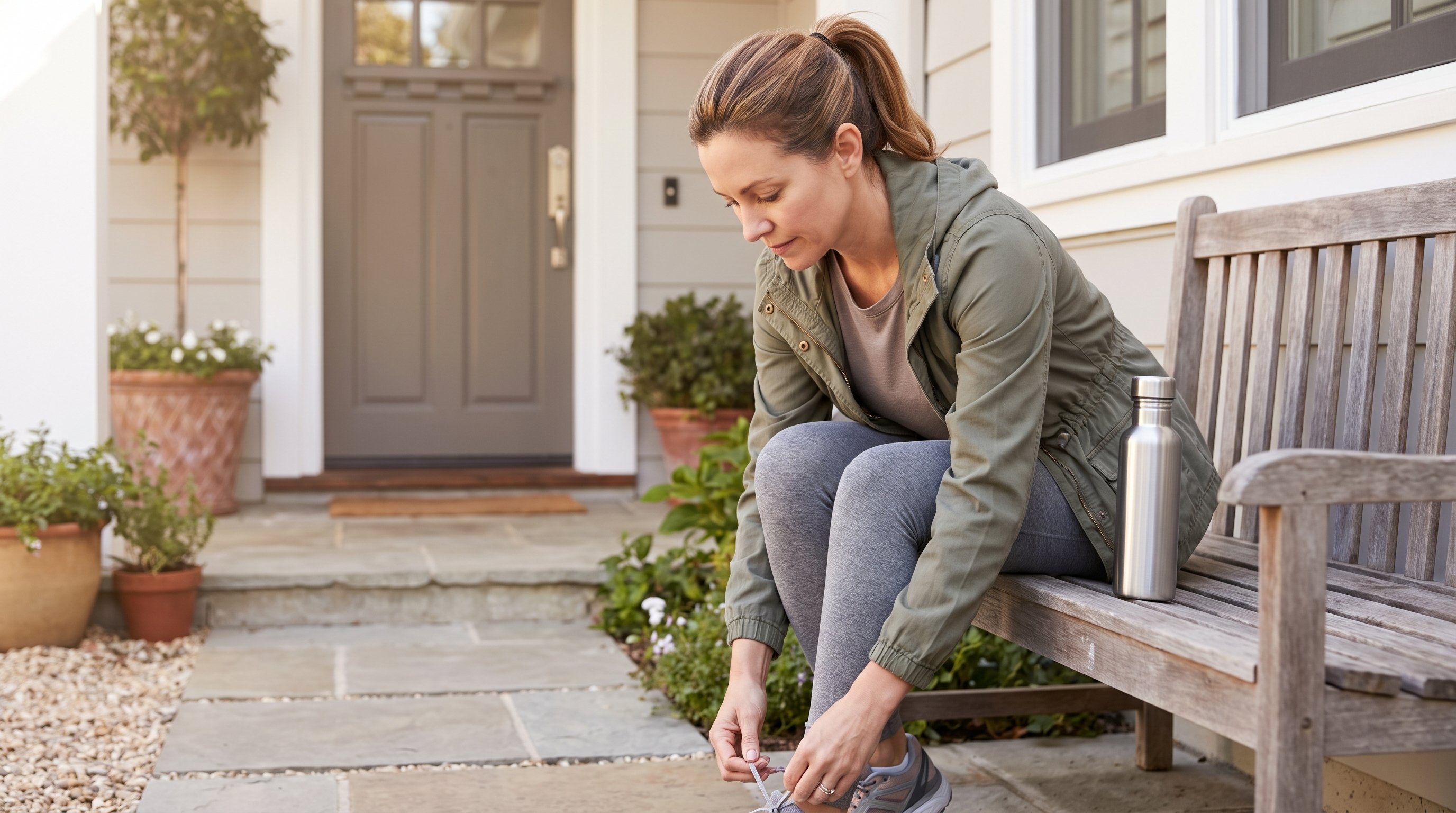 person tying shoelaces by the front door before a short walk