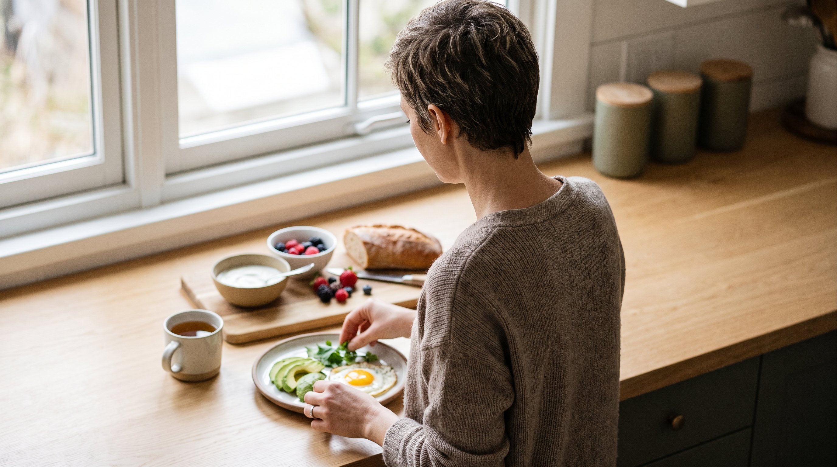 person checking a phone reminder while making breakfast in a small kitchen