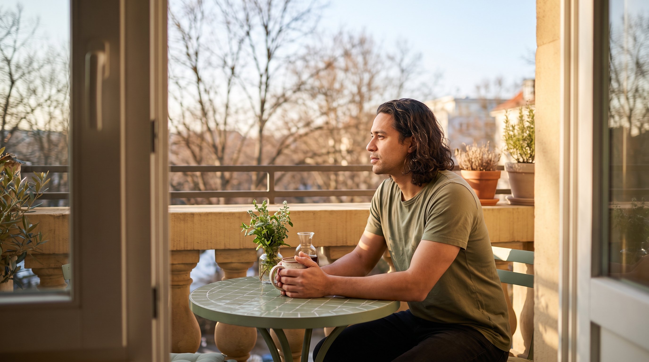 A man in his 30s at a kitchen table with morning coffee