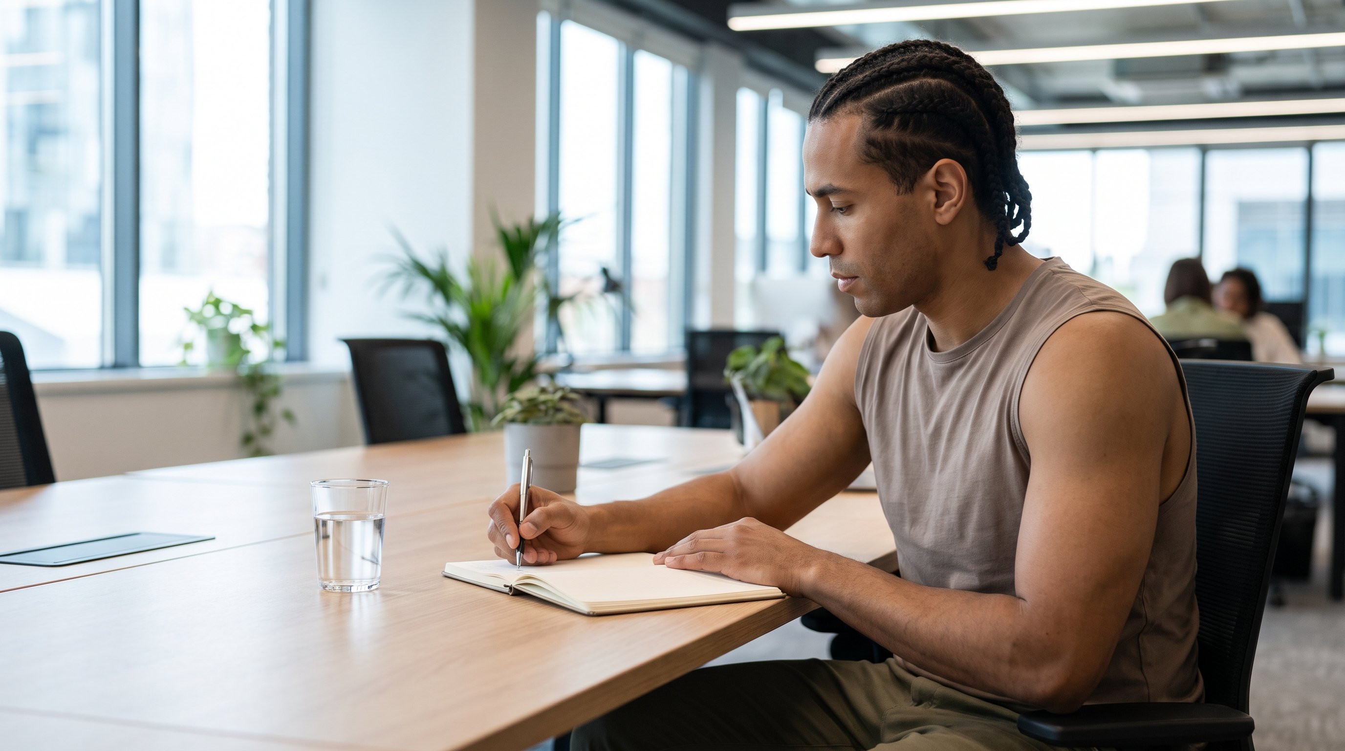 A man in his 30s planning his day in a notebook at a home desk