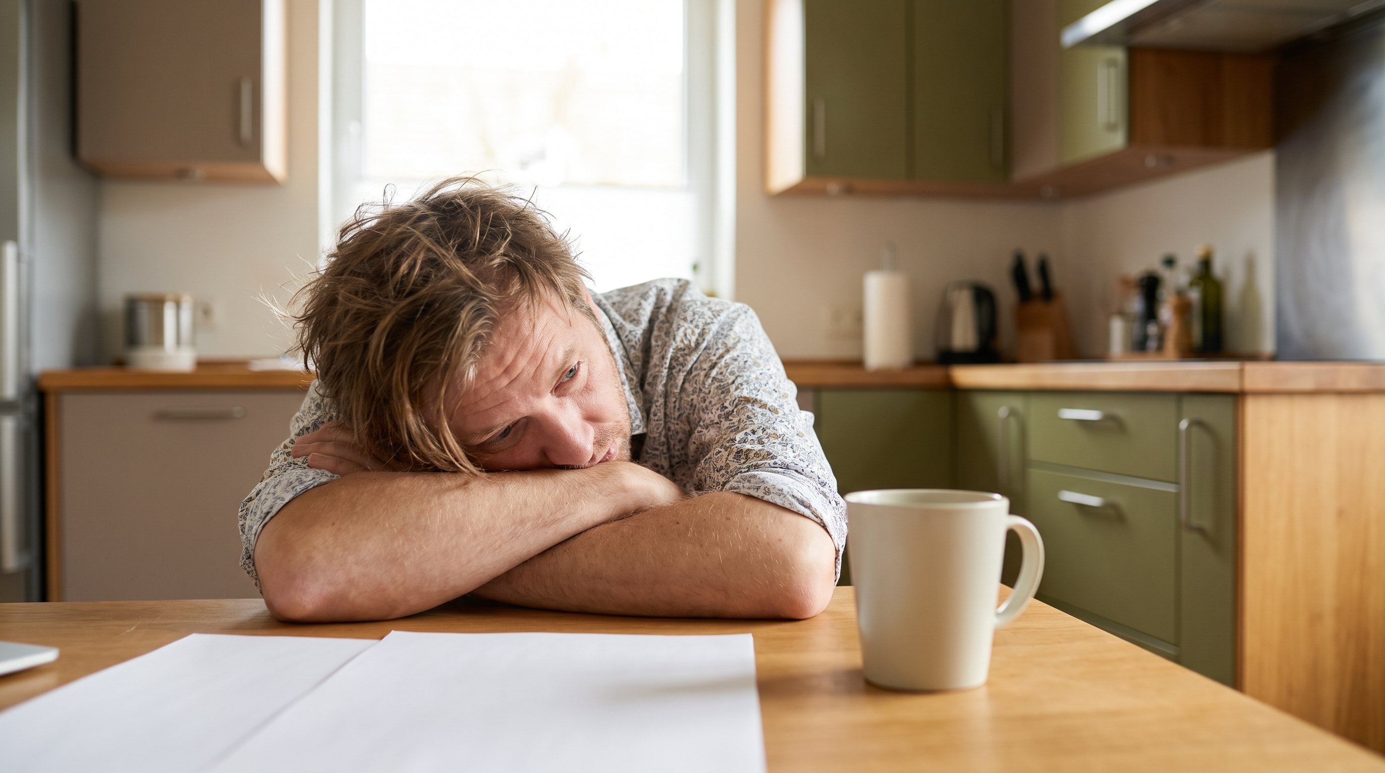 tired office worker resting head on desk near laptop