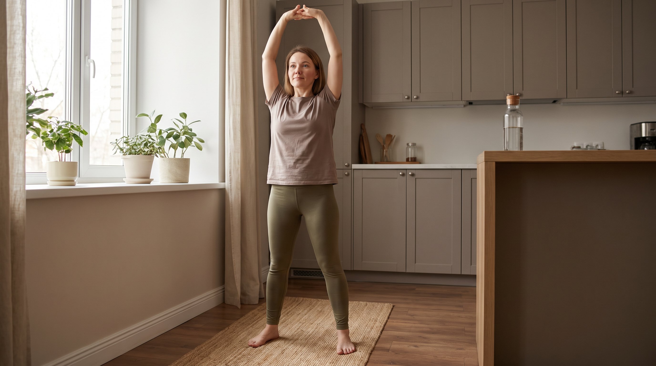 person stretching beside a desk near a sunny window