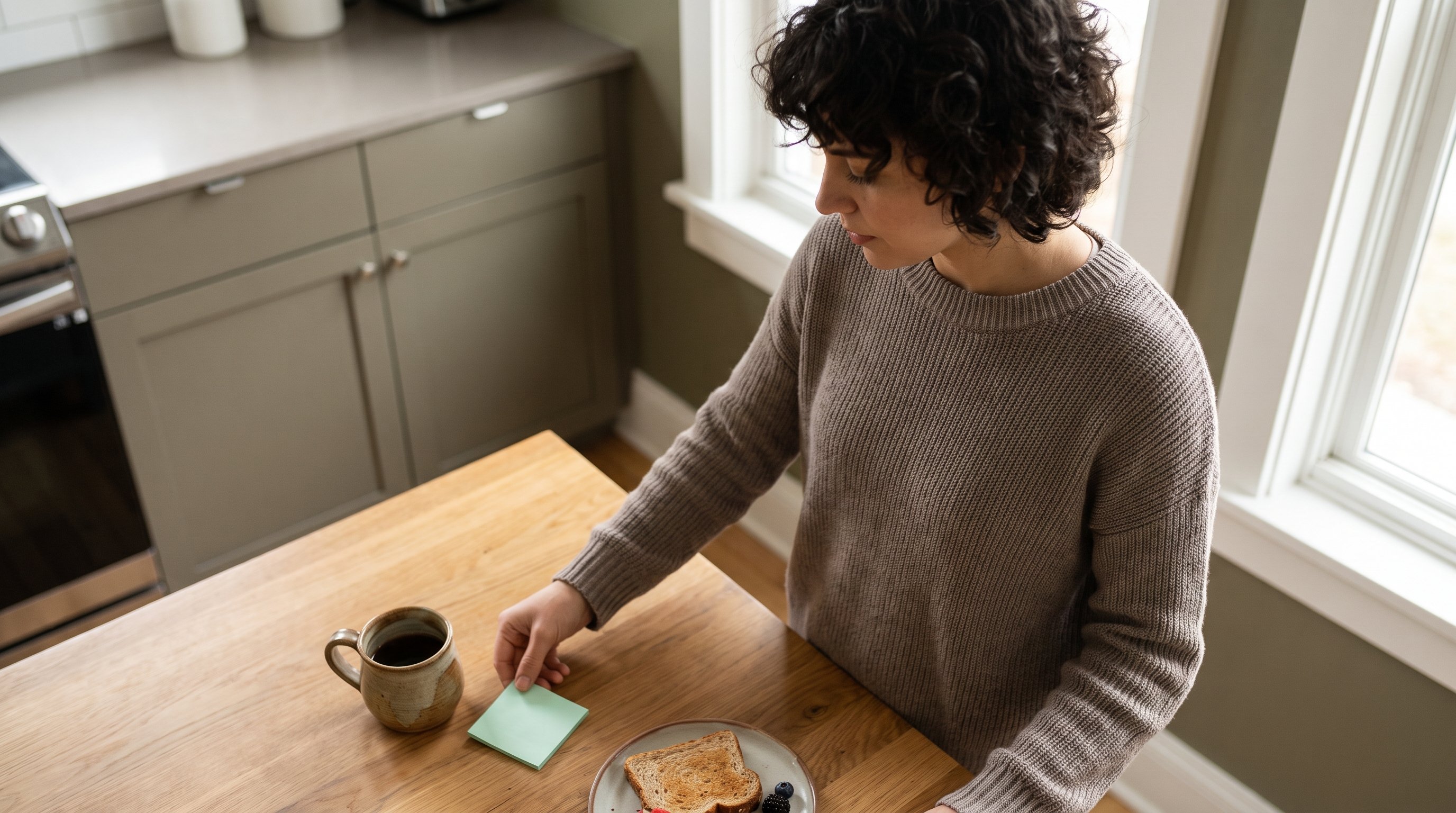 woman checking off small tasks on a sticky note