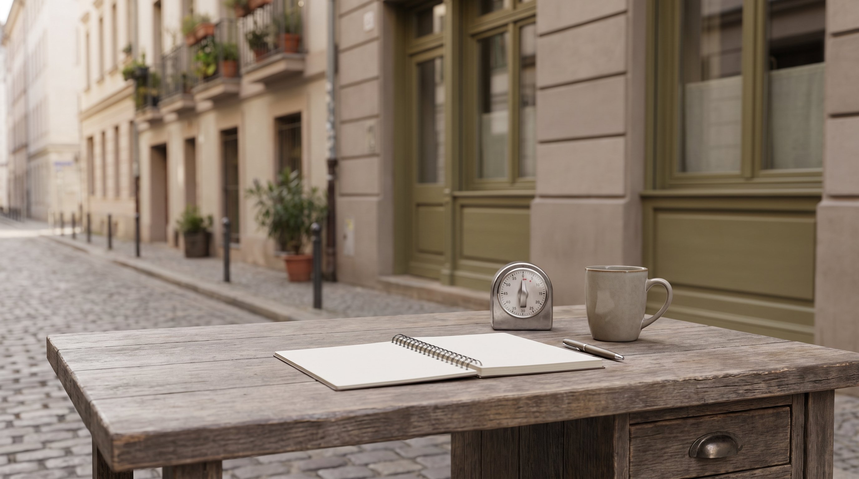person sitting at desk with a single notebook and timer
