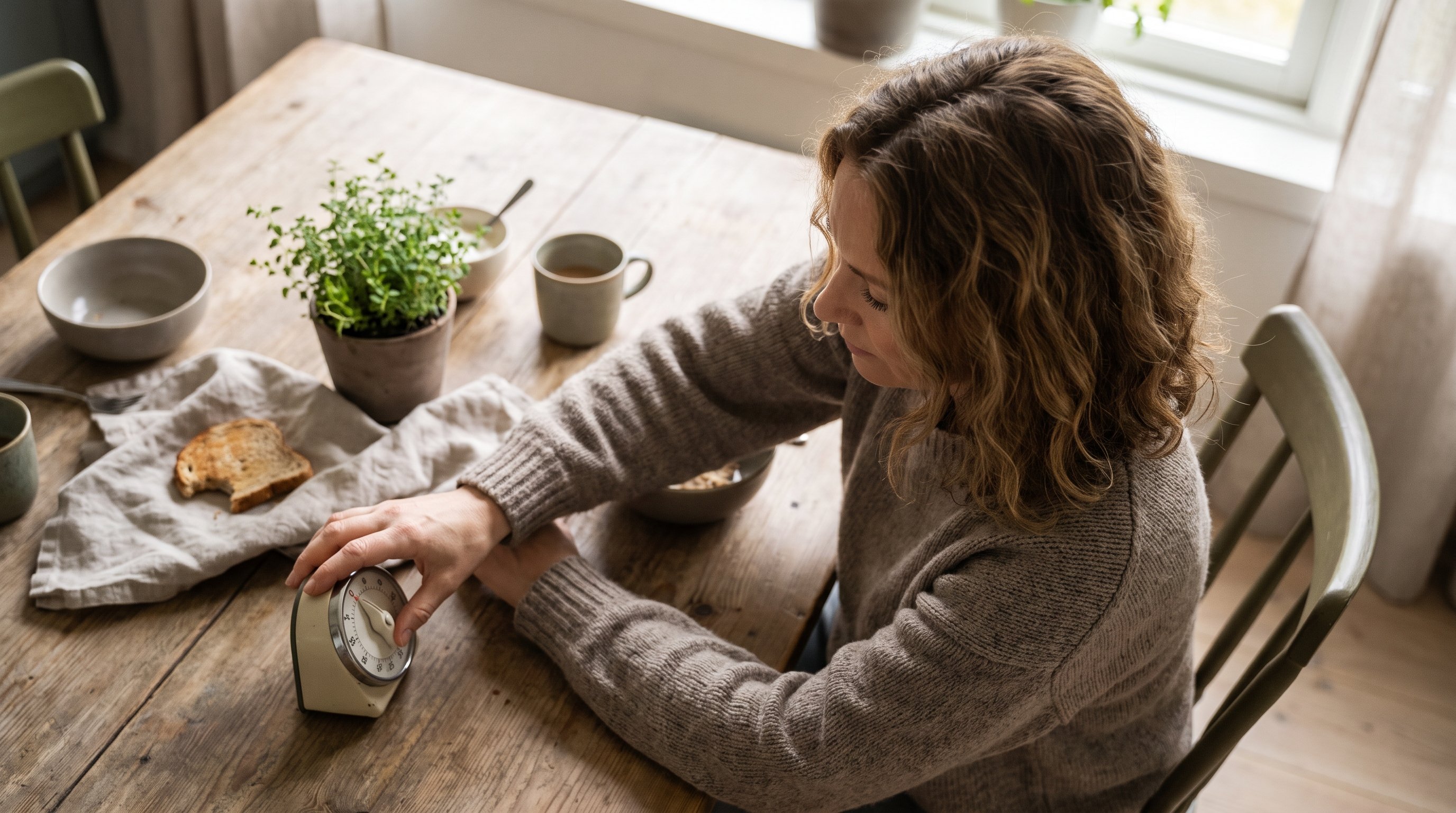 hands setting a kitchen timer on a cluttered desk