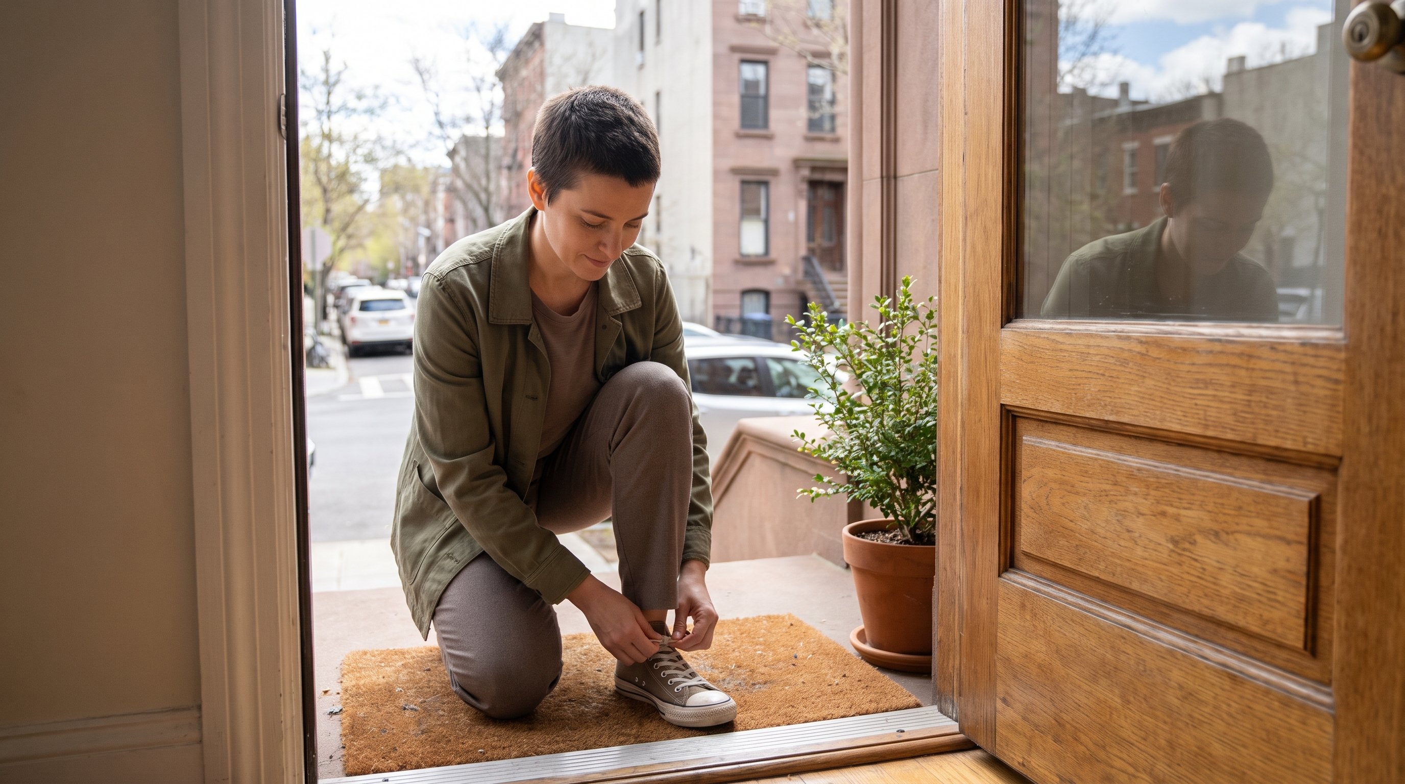 person tying shoelaces by front door before leaving home