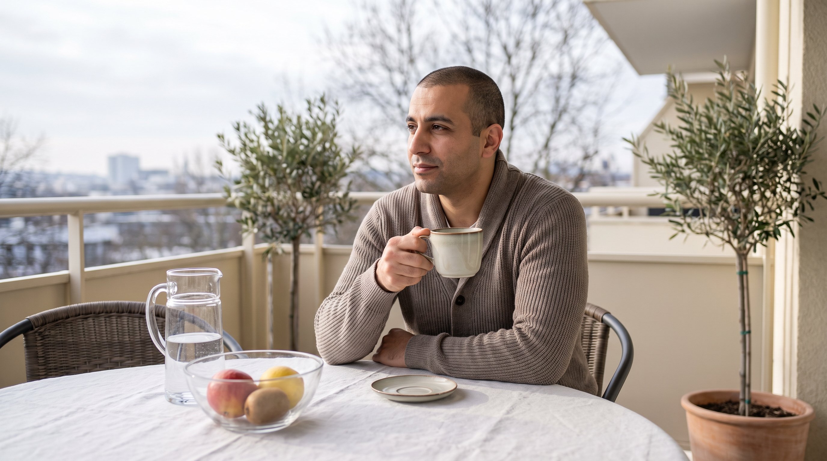 A man in his 30s at a kitchen table with morning coffee
