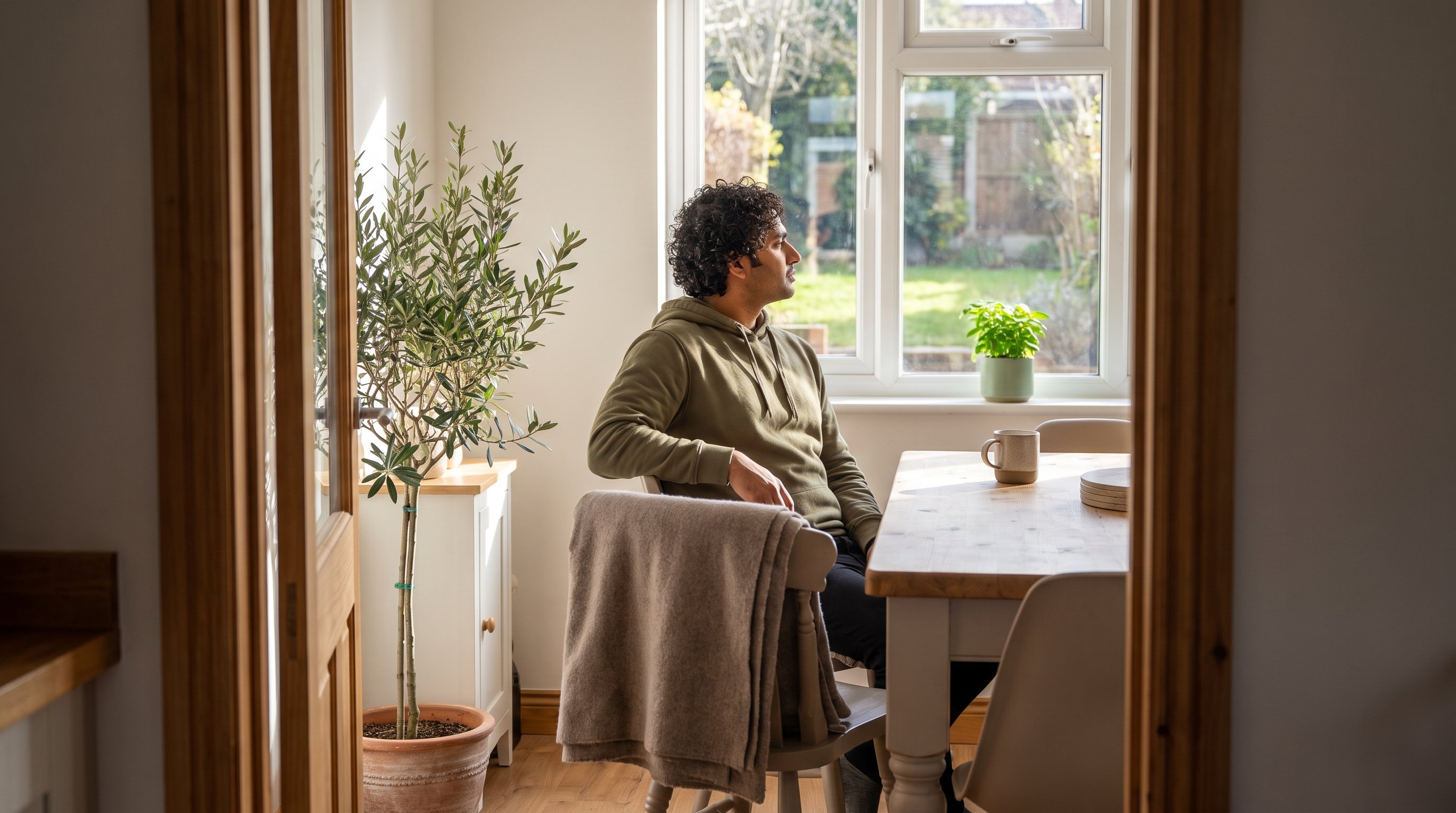 A man in his 30s relaxing in a bright home office