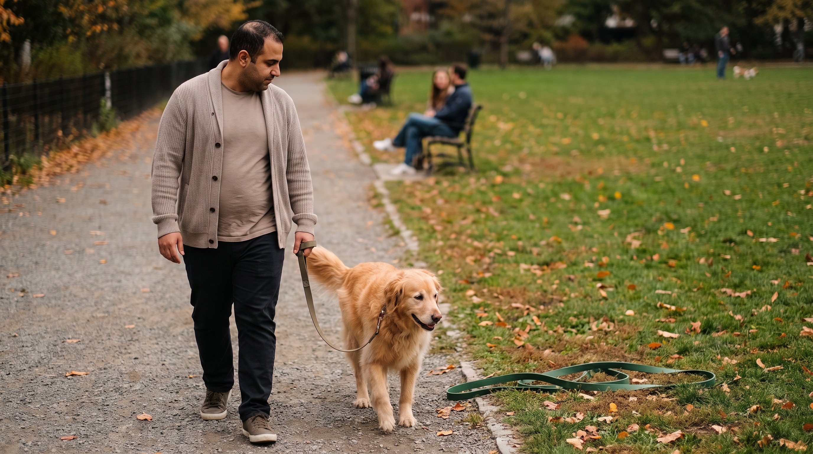 A man in his 30s walking a dog in a sunny city park