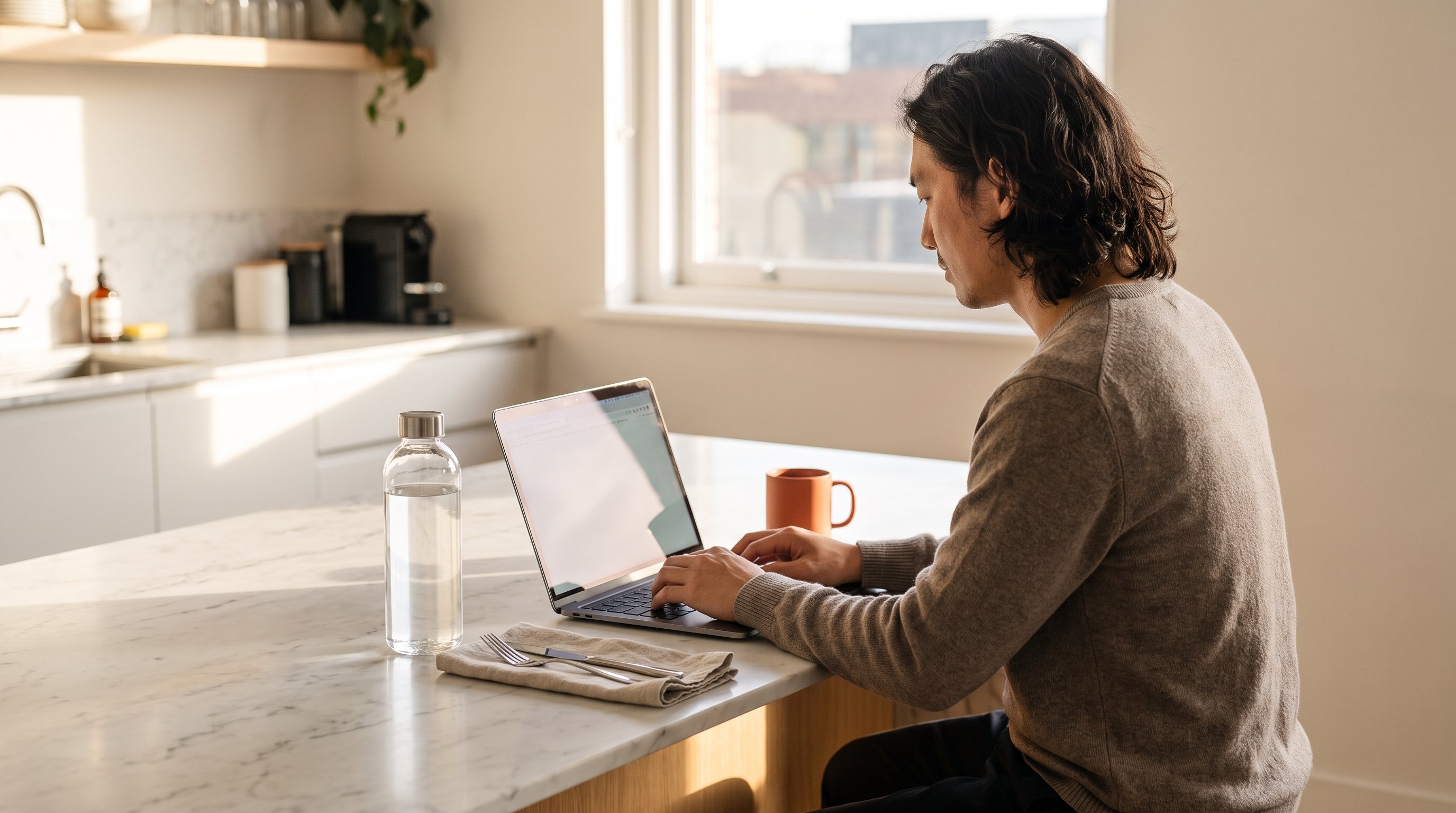 A man in his 30s working focused at a laptop on a kitchen table