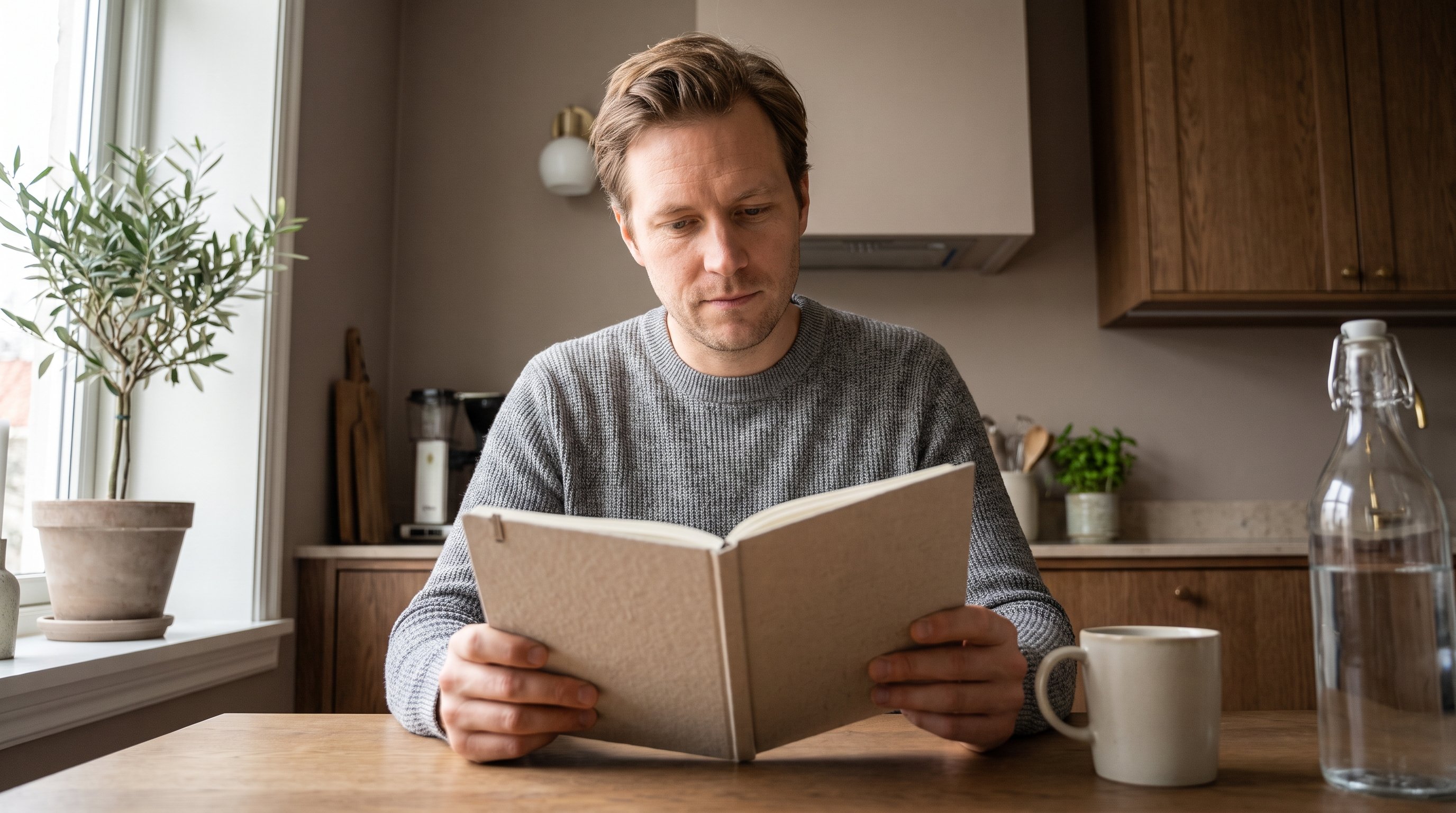 person sitting at desk staring at blank notebook